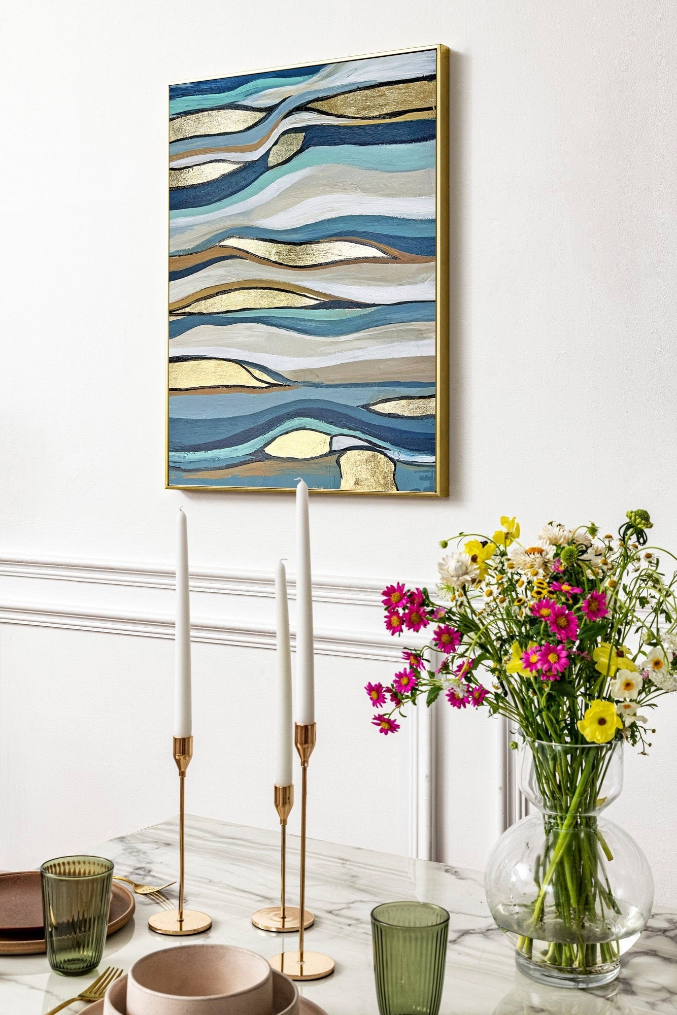 Navy Blue And Gold Abstract Landscape Painting Living Room Decor Blue Beige Canvas Art Blue Wall Art Gold Blue Gray Canvas Wall Art Gift