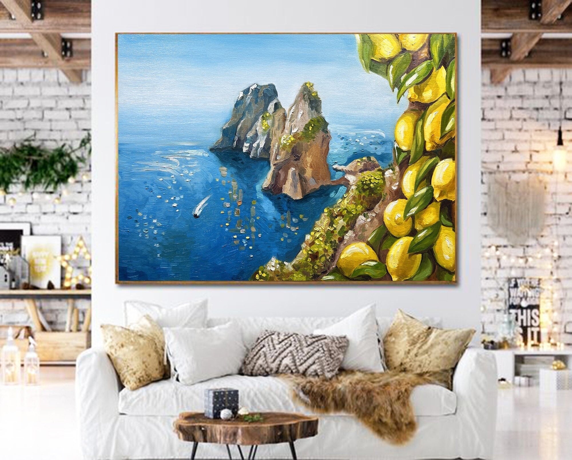 Faraglioni Capri Painting Capri Island Painting Italian Landscape Painting Seascape Painting Lemons Wall Art Home Decor Coastal Painting