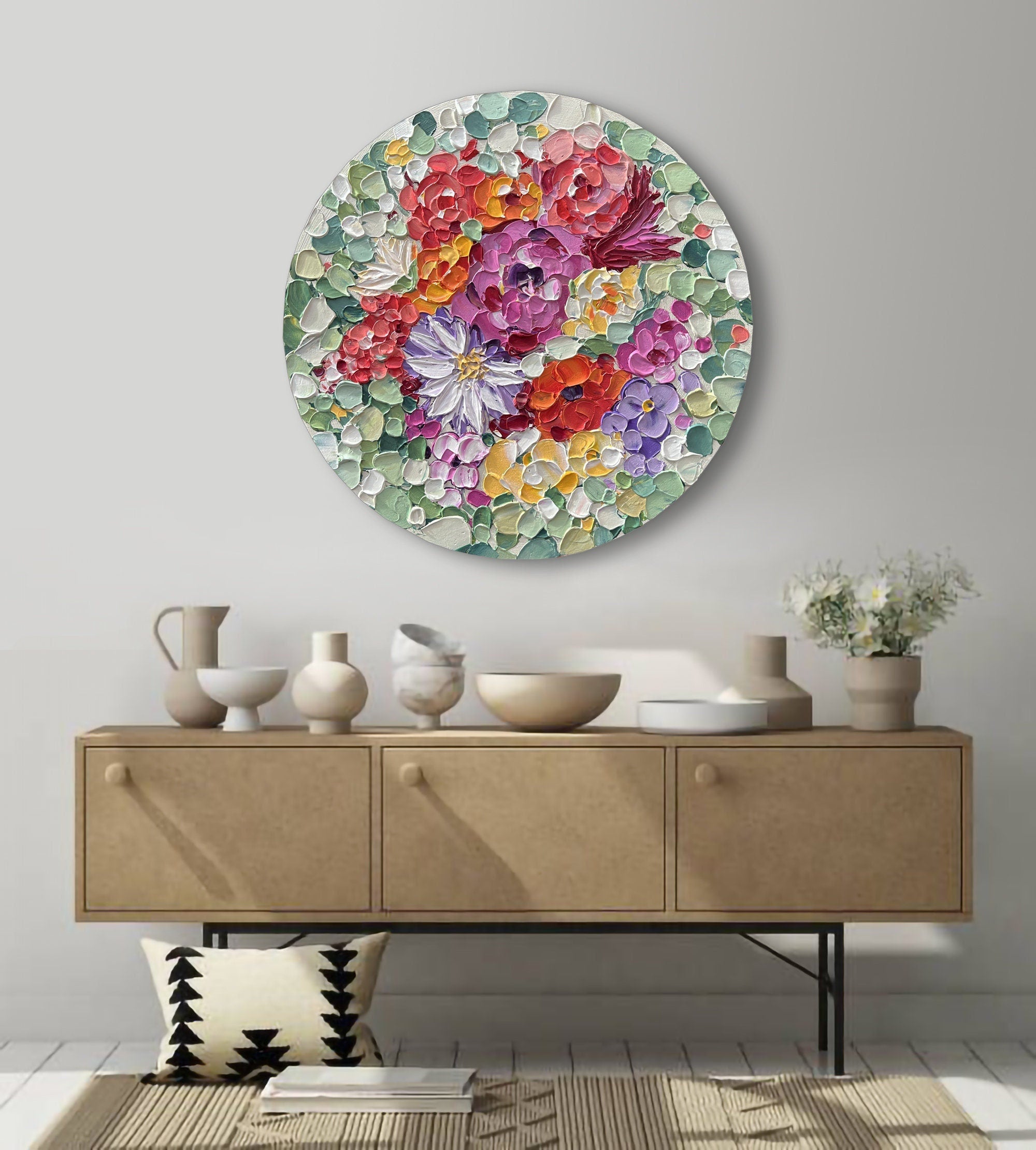 Abstract Blossom Wildflowers Acrylic Painting On Round Canvas Wall Art Original Colorful Floral Art on Round Canvas Painting Gift Idea Decor