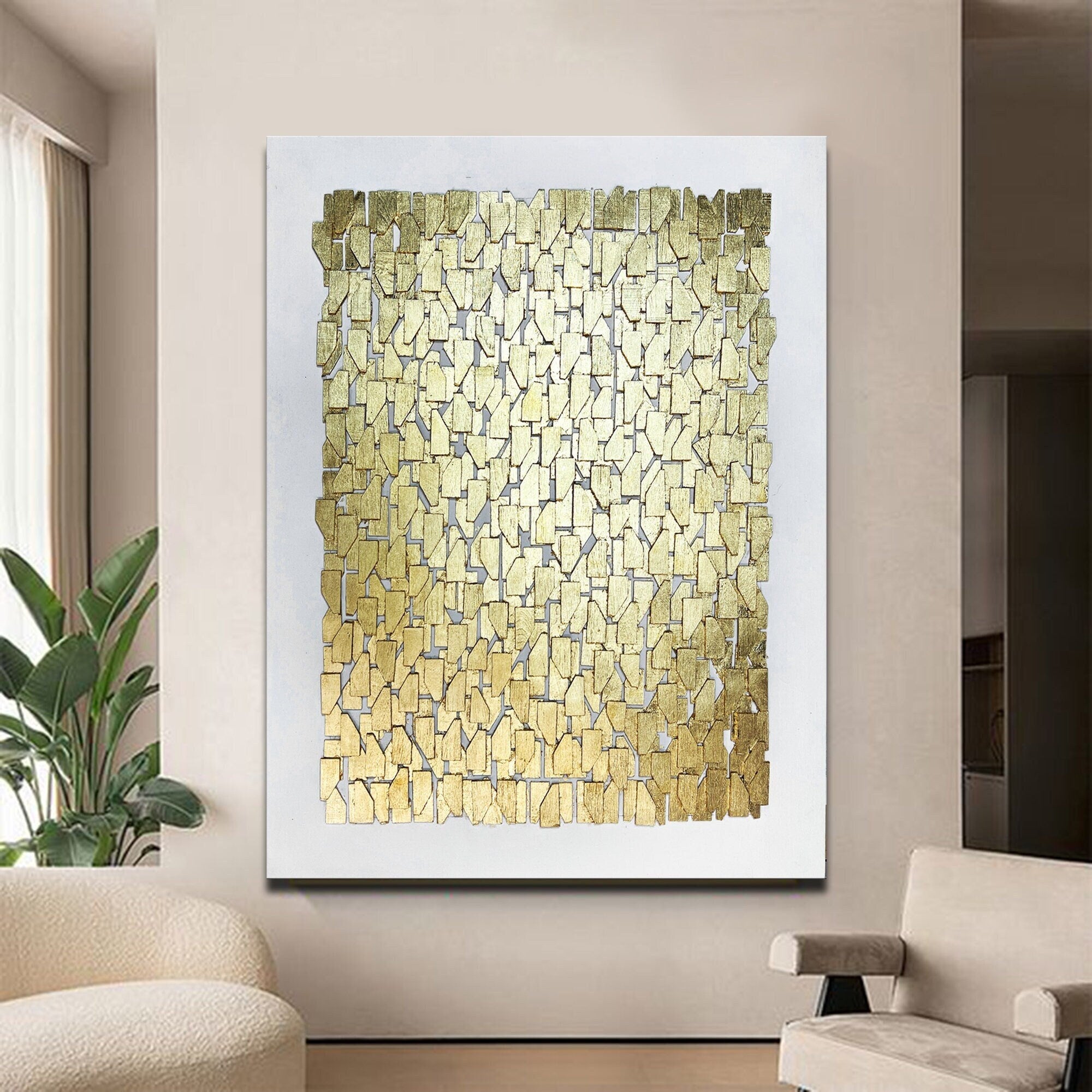Gold Geometric Wood Wall Art Wood Wall Art Gold Leaf White Wooden Panel Luxury Room Wall Art Decor Abstract Minimalist Art Living Room Decor