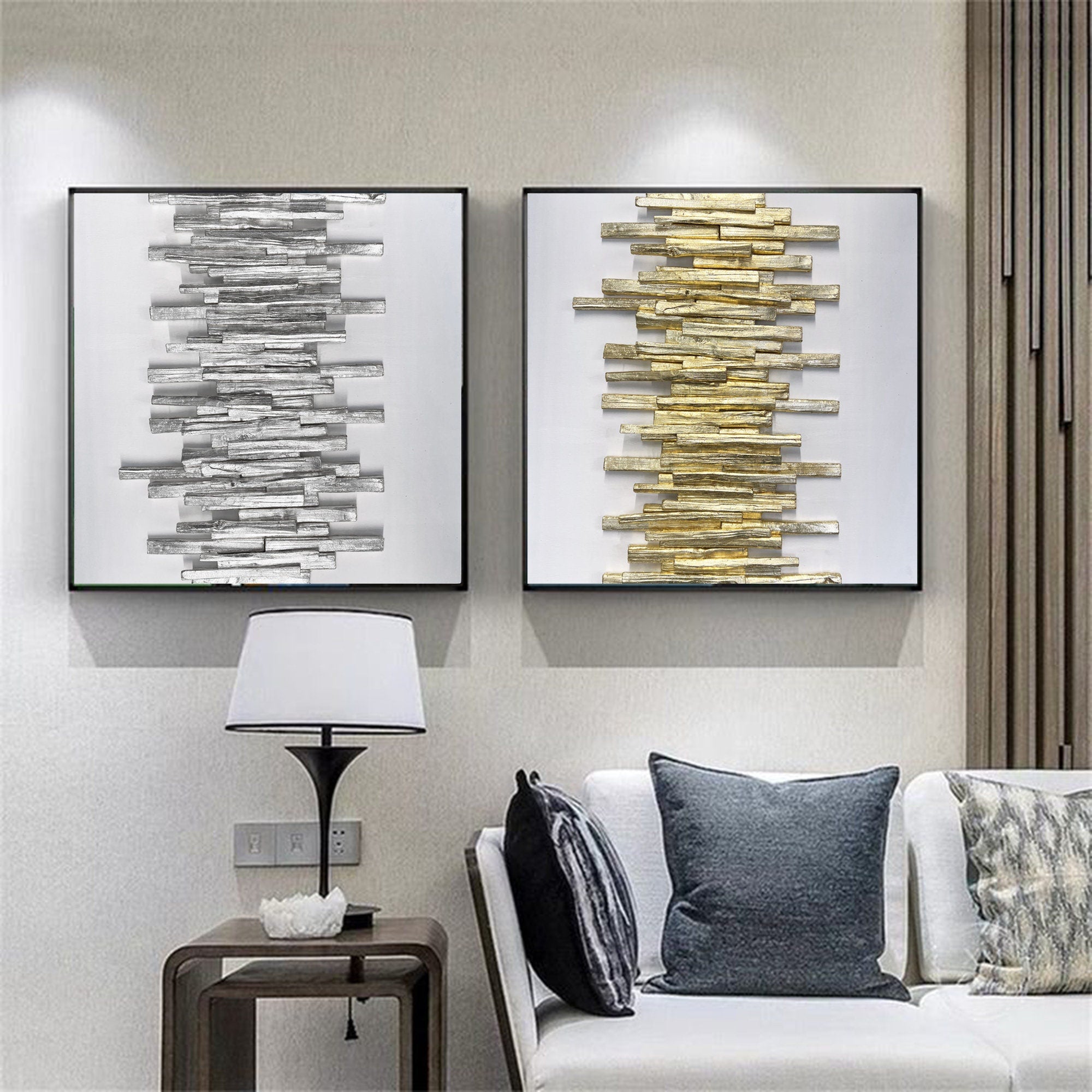 White Gold Silver Leaf Wall Art 3d Textured Wooden Panel Painting Set of 2 Wall Art White Scandinavian Art Modern Home Decor Contemporary