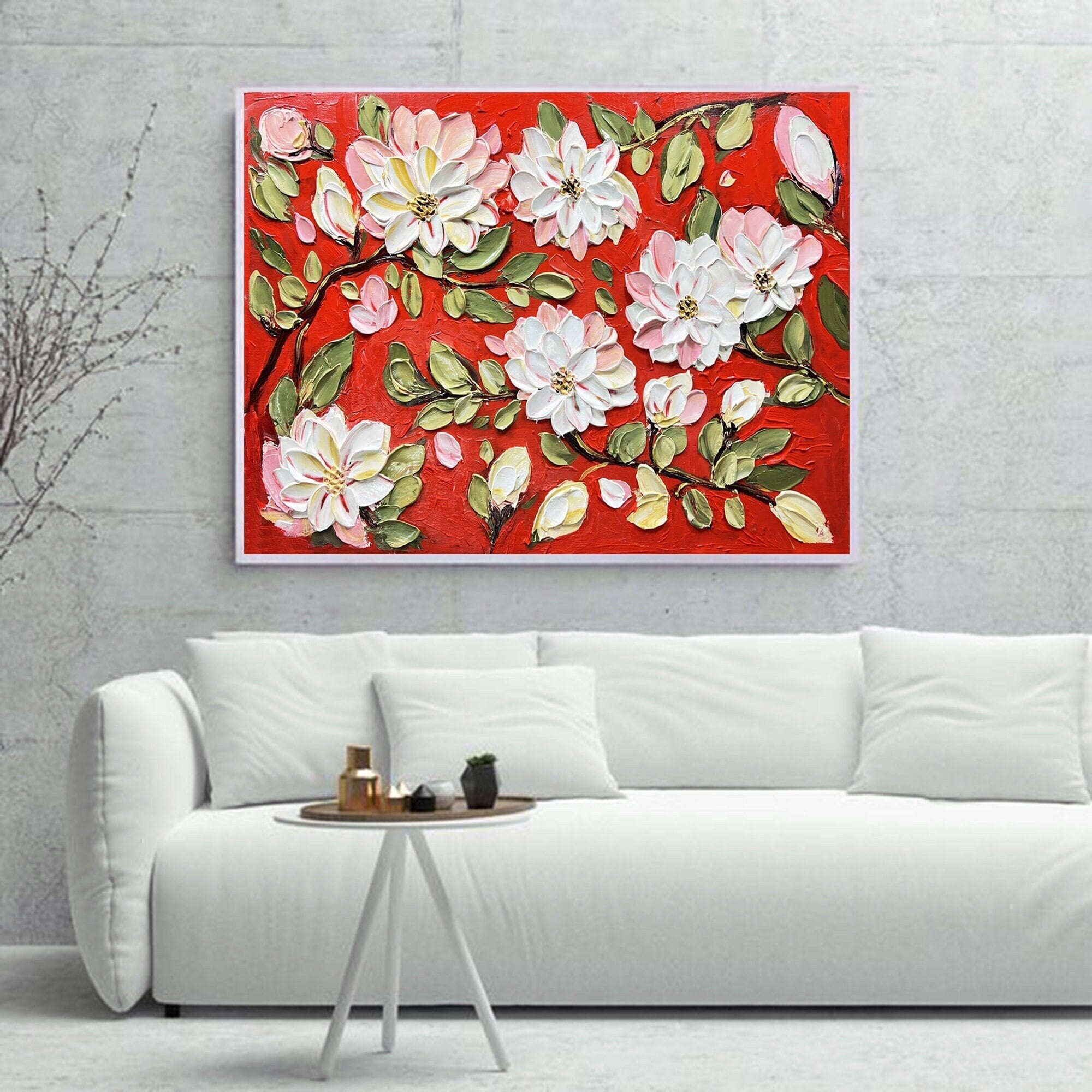 Magnolia Flowers 3D Painting Red White Flowers Wall Art Flower Canvas Botanical Wall Art Living Room Red Decor Abstract Wall Art Home Decor