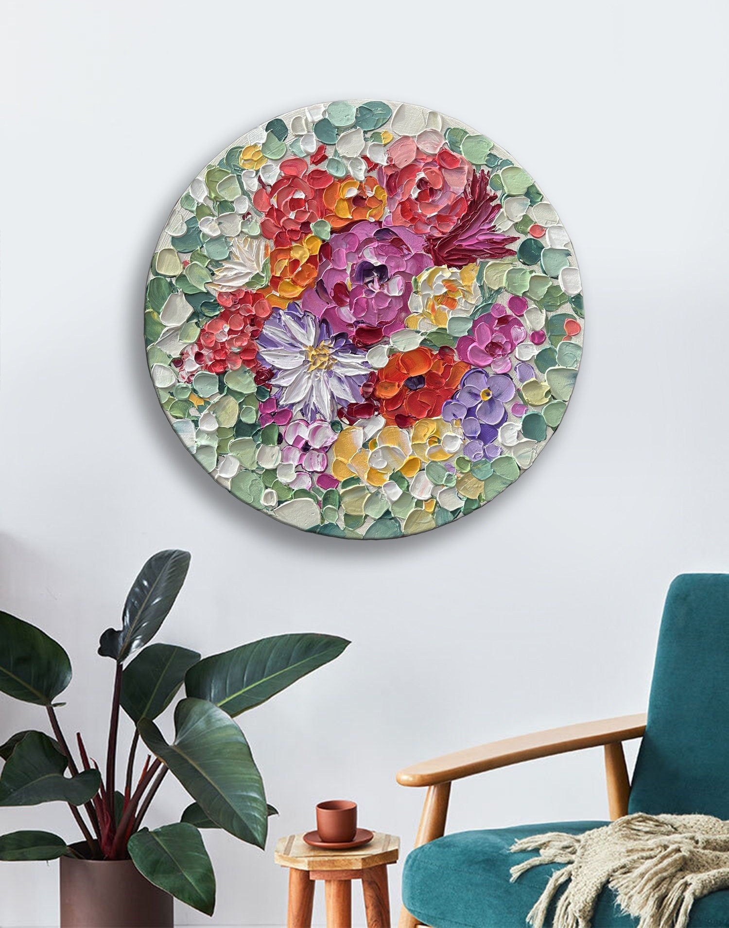 3D Abstract Blossom Wildflowers Acrylic Painting Round Canvas Wall Art Original Colorful Floral Art on Round Canvas Painting Gift Idea Decor