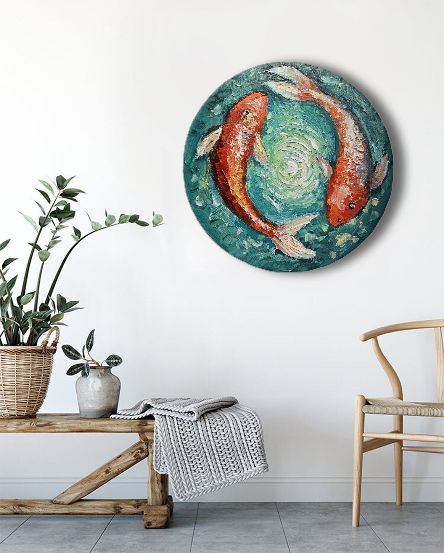 Koi Fishes in the Pond - Original 16 x 16 in Acrylic Koi Fish Painting Tranquil Pond Nature Wall Art Round Canvas Calming Yoga Decor Gift