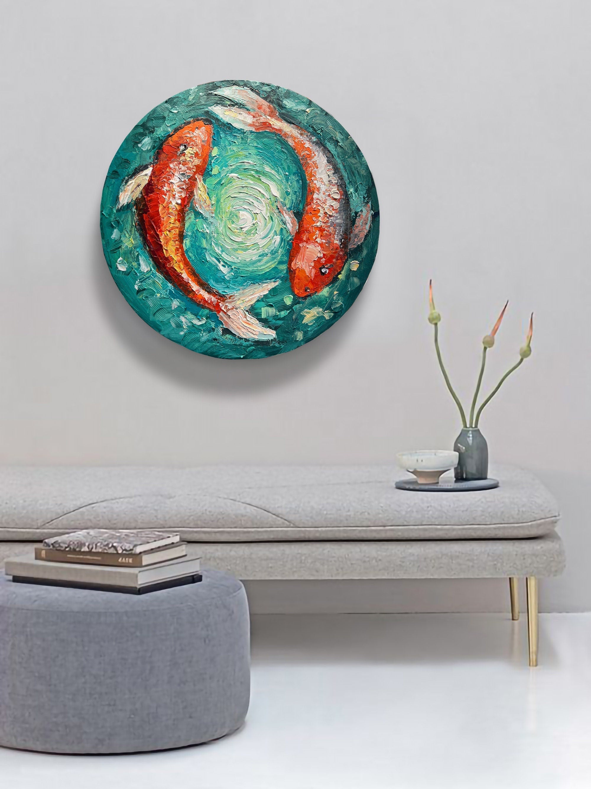 3D Koi Fishes in the Pond Acrylic Painting On Round Canvas Wall Art Original Calming Yoga Wall Art on Round Canvas Painting Gift Idea Decor