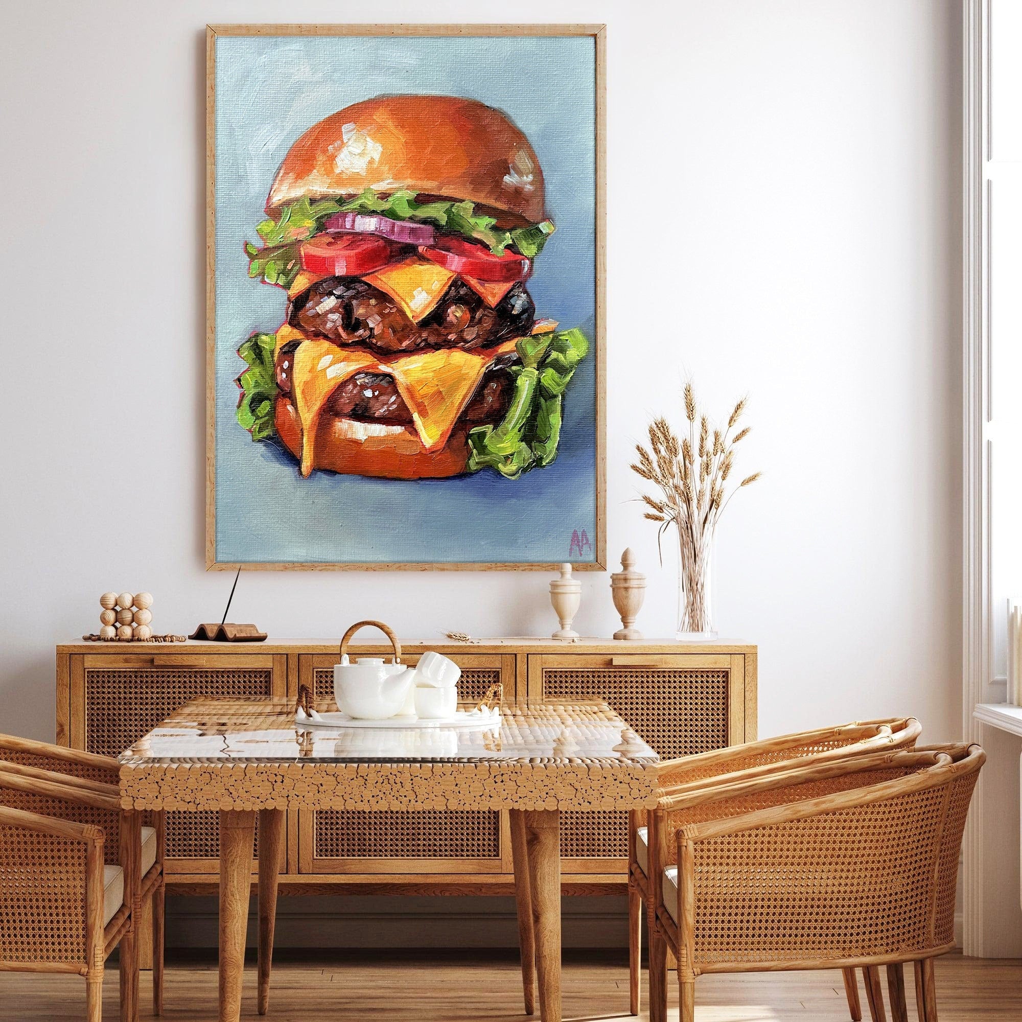 Cheesy Cheeseburger Oil Painting – Made-to-Order Canvas Art for Kitchen, Restaurant, Café, or Fast Food Decor – Custom Sizes Available