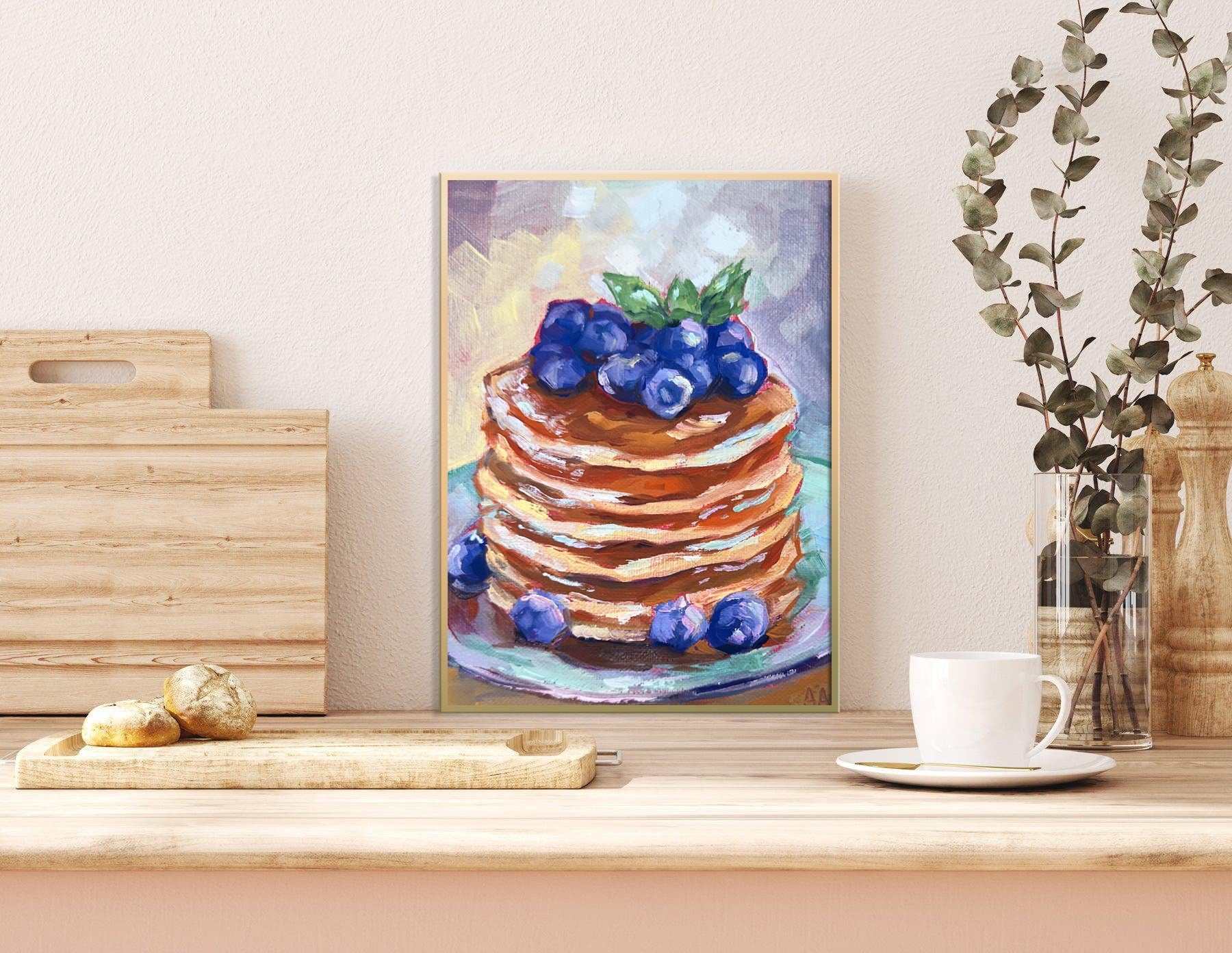 Blueberry Pancakes Painting Home Wall Art Bakery Kitchen Art Food Breakfast Original Oil Painting Vibrant Decor Cake Food Dining Room