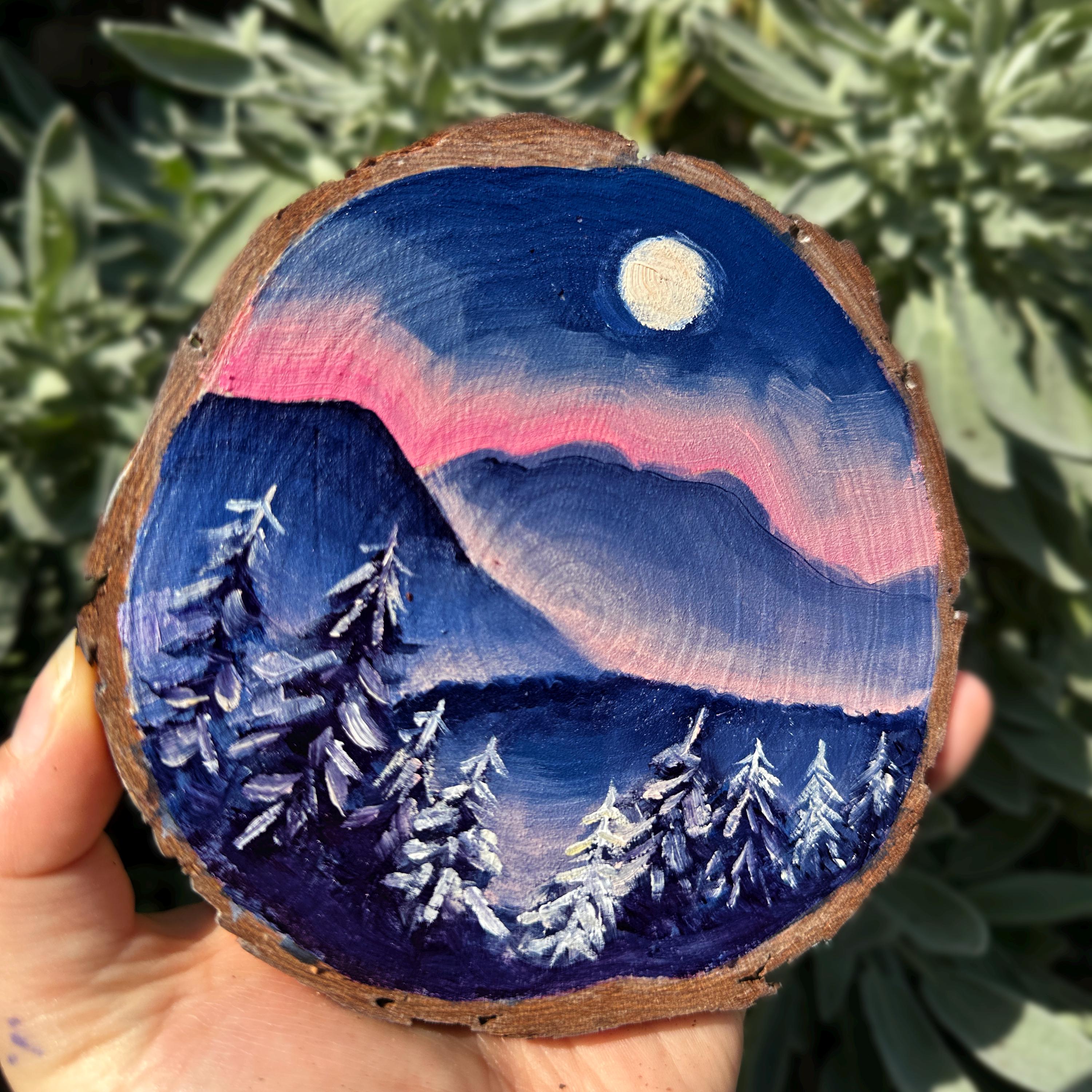 Moonlit Mountain Dusk - Hand Painted Pink Blue Sky on Wood Winter Moon Art Unique Christmas Gift Nature Inspired Decor