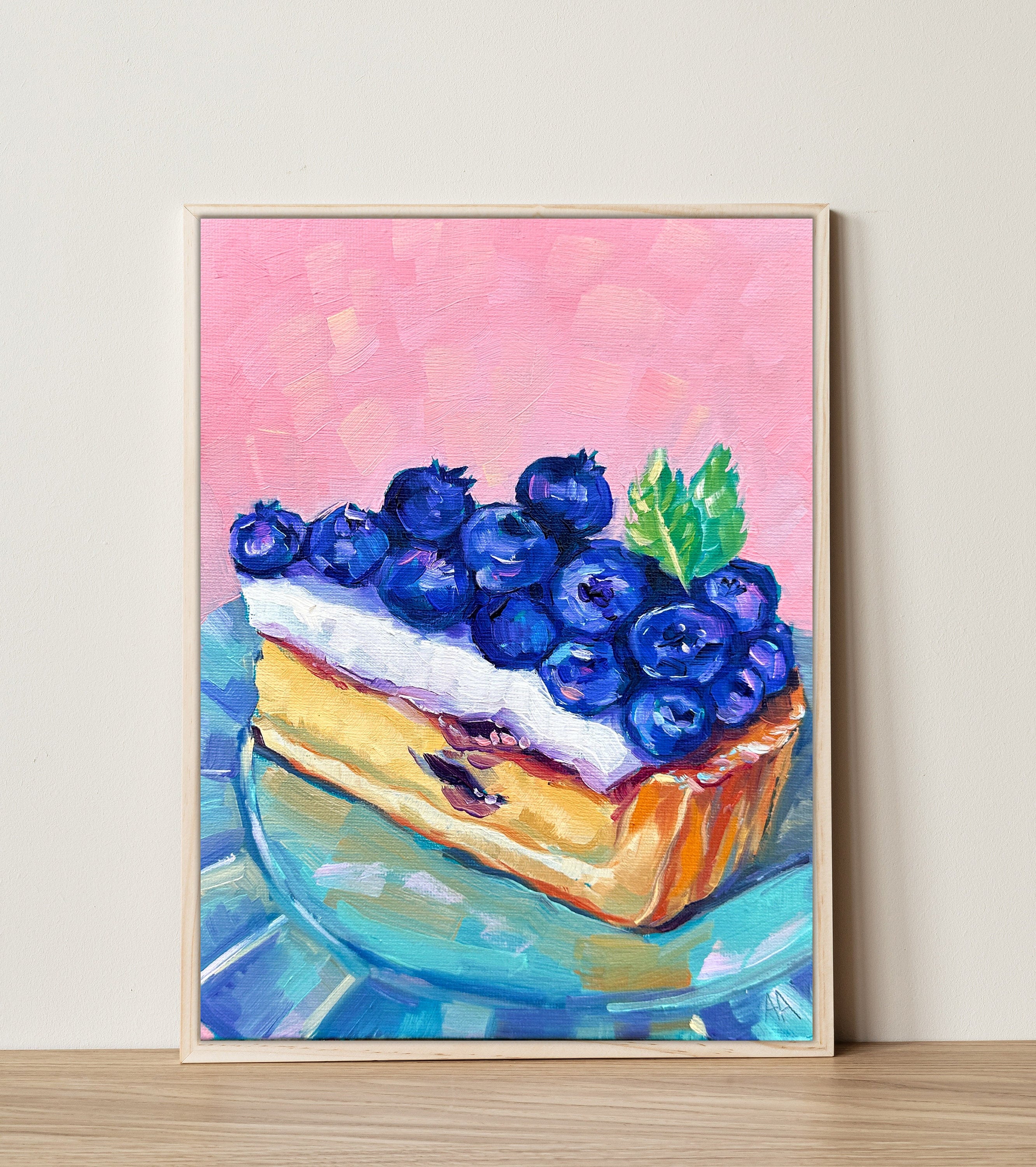 Blueberry Pie Painting Home Wall Art Bakery Kitchen Art Food Still Life Blue Pink Original Oil Painting Vibrant Decor Cake Food Dining Room
