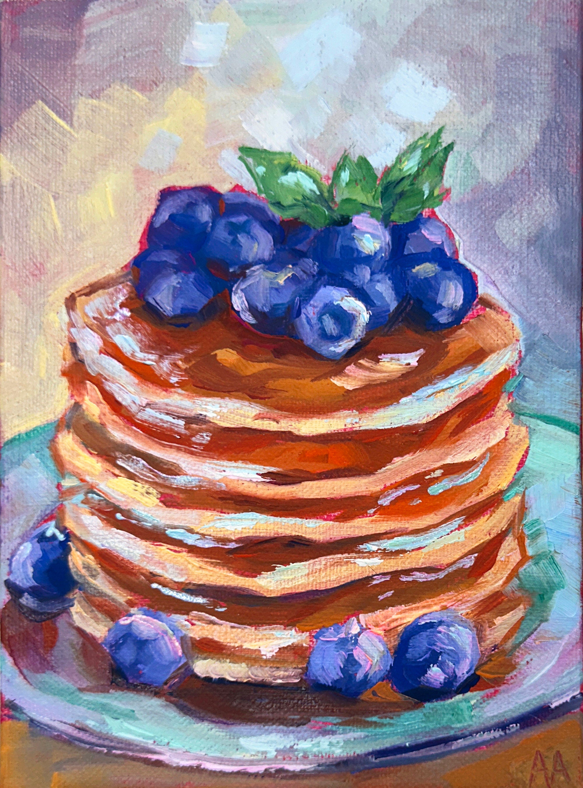 Blueberry Sunday Pancakes - Made to order vibrant Oil Painting for Kitchen Wall in different sizes