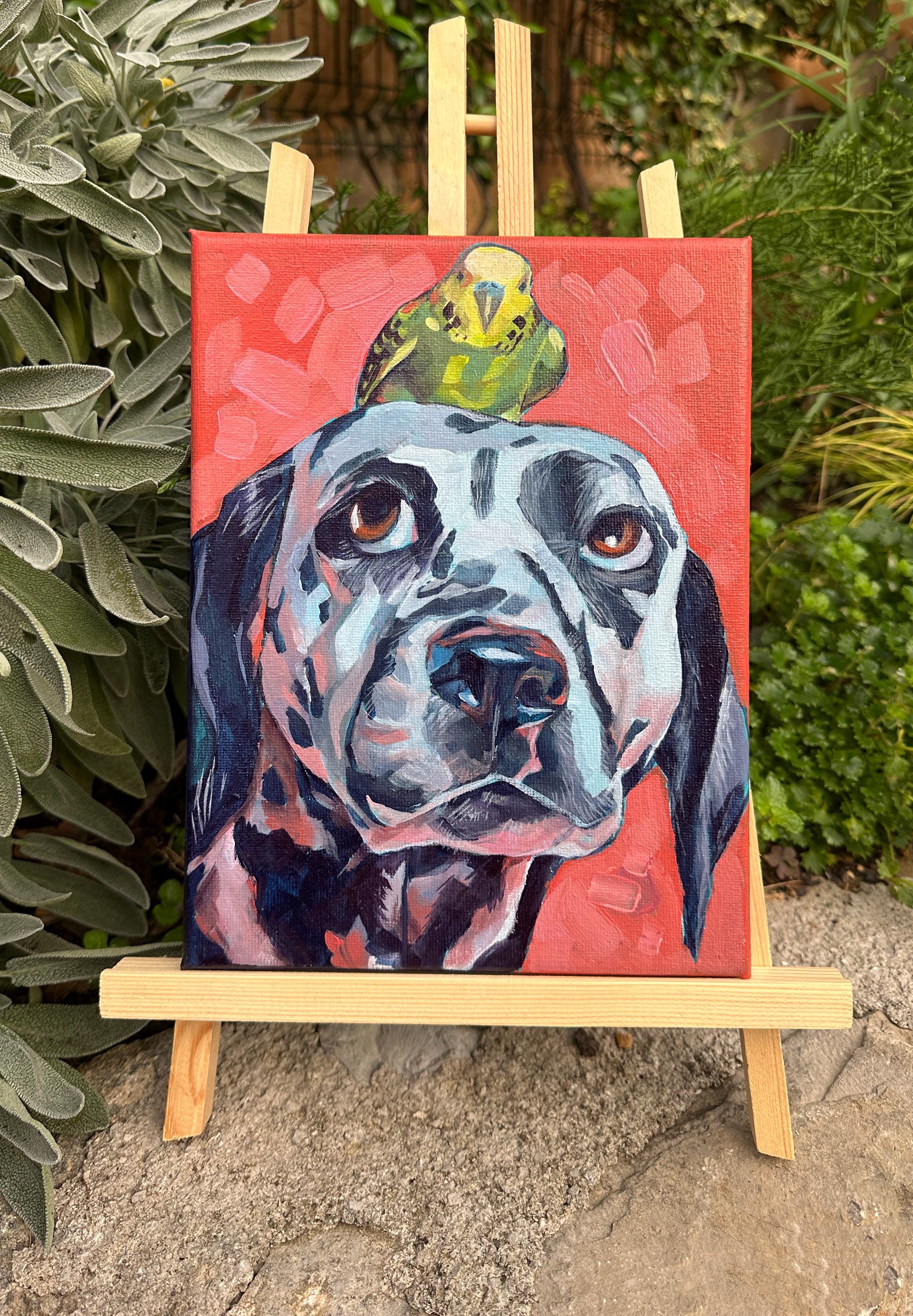 Feathered Friend - Dalmatian Dog Painting with Bird on Head Acrylic Canvas Art Pet Portrait Wall Art for Animal Lovers Cute Home Decor