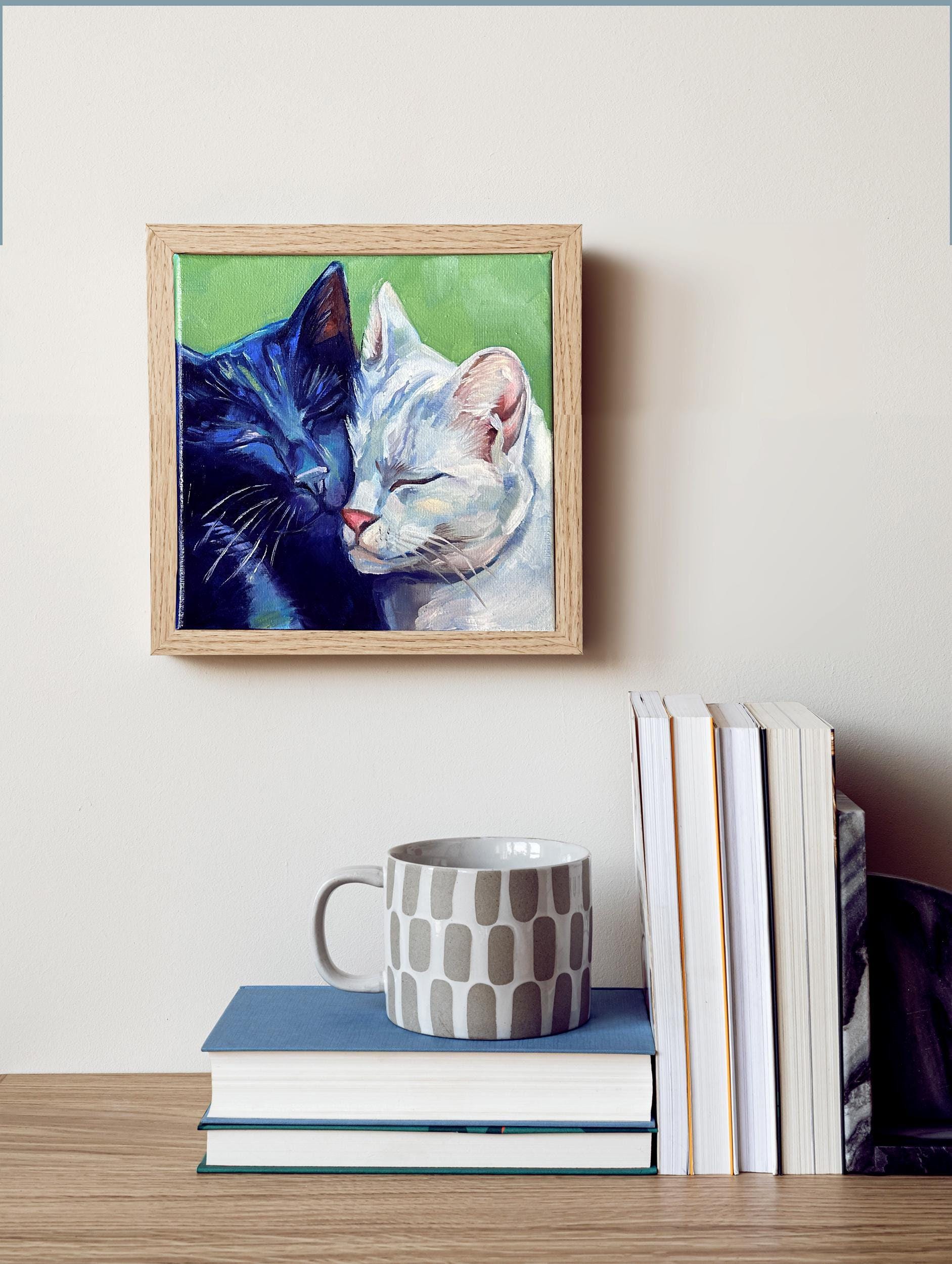 Snuggle Buddies - Oil Painting of Black and White Cats, Unique Pet Portrait Wall Art for Animal Lovers Cute Home Decor Gift for Cat Lovers