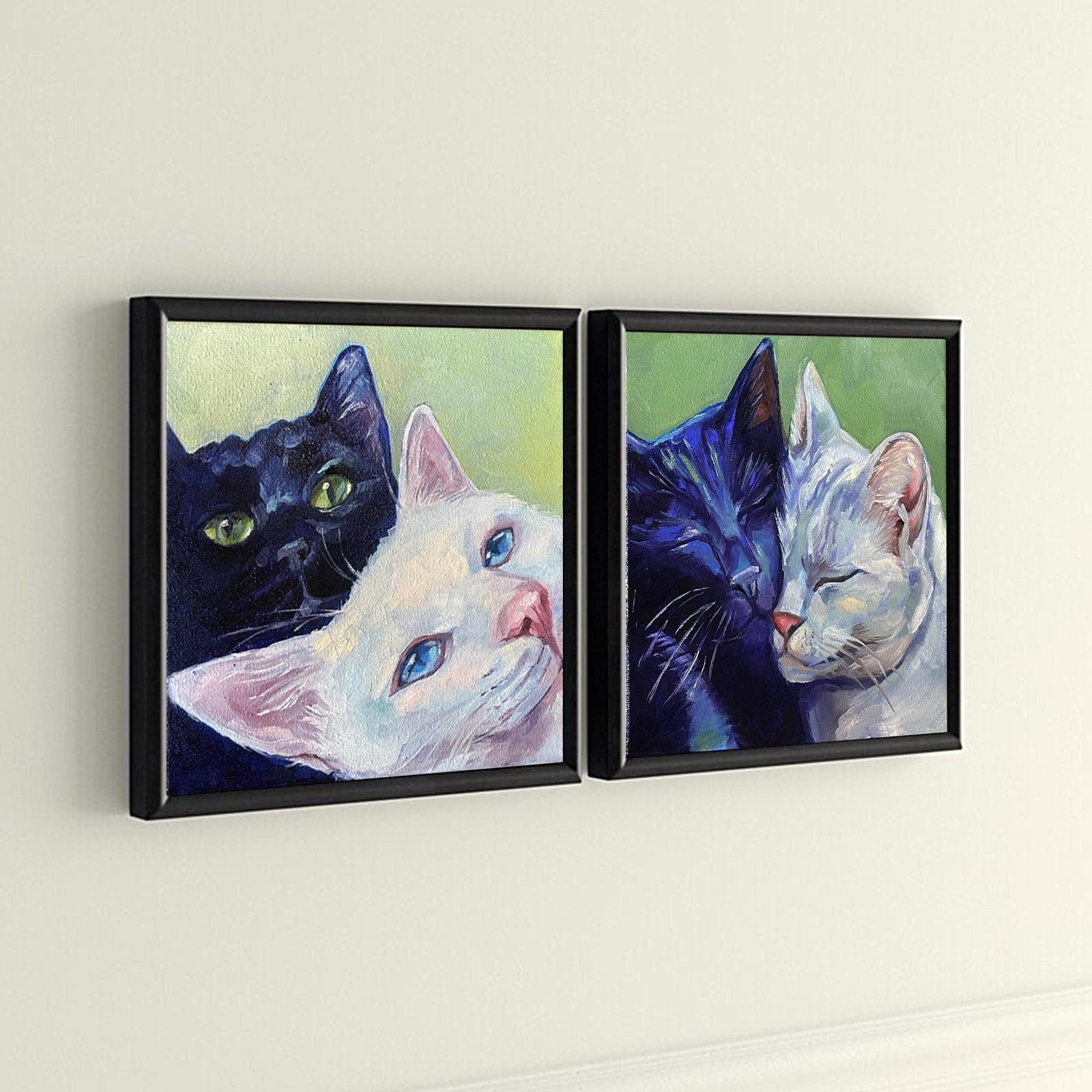 Cat Lovers Art Bundle - Oil Paintings of Black and White Cats, Set of 2 Unique Pet Portraits Wall Art for Animal Lovers Cute Home Decor Gift