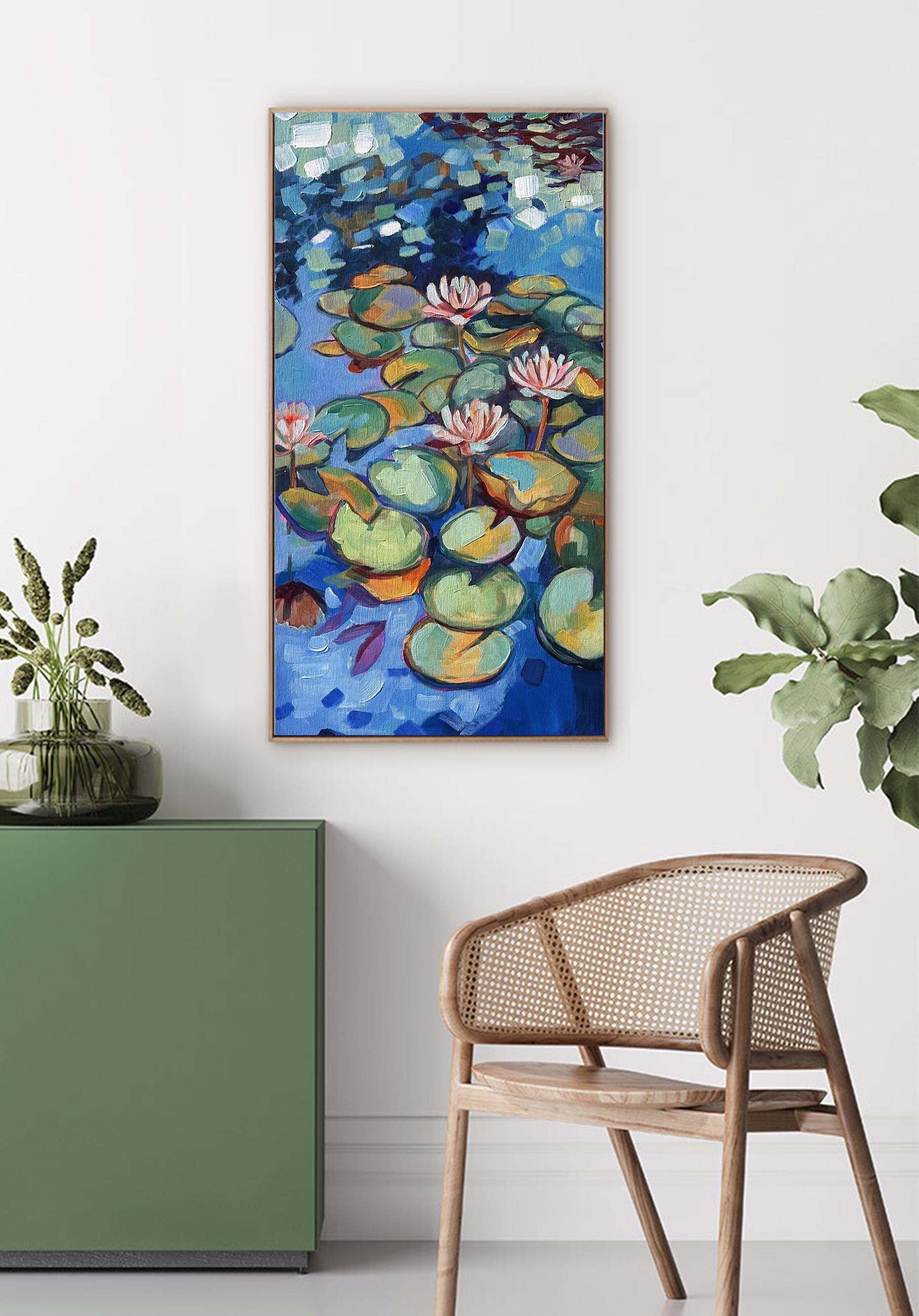 Water Garden - Original Impressionist Painting Art on Canvas Vibrant Waterlily Pond Home Decor Serene Calm Wall Art Decor for Nature Lovers