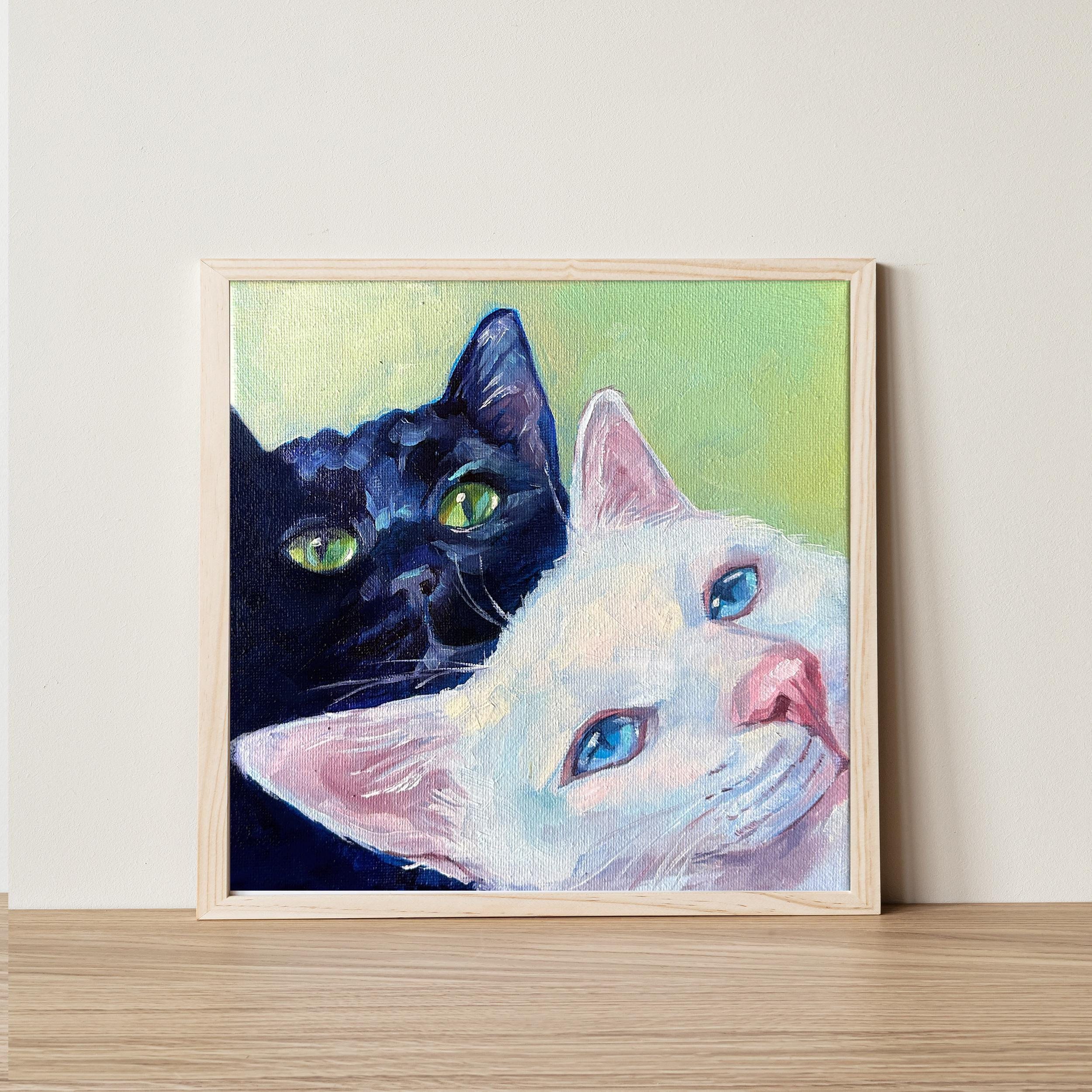 Purrfect Pals - Oil Painting of Black and White Cats, Unique Pet Portrait Wall Art for Animal Lovers Cute Home Decor Gift for Cat Lovers