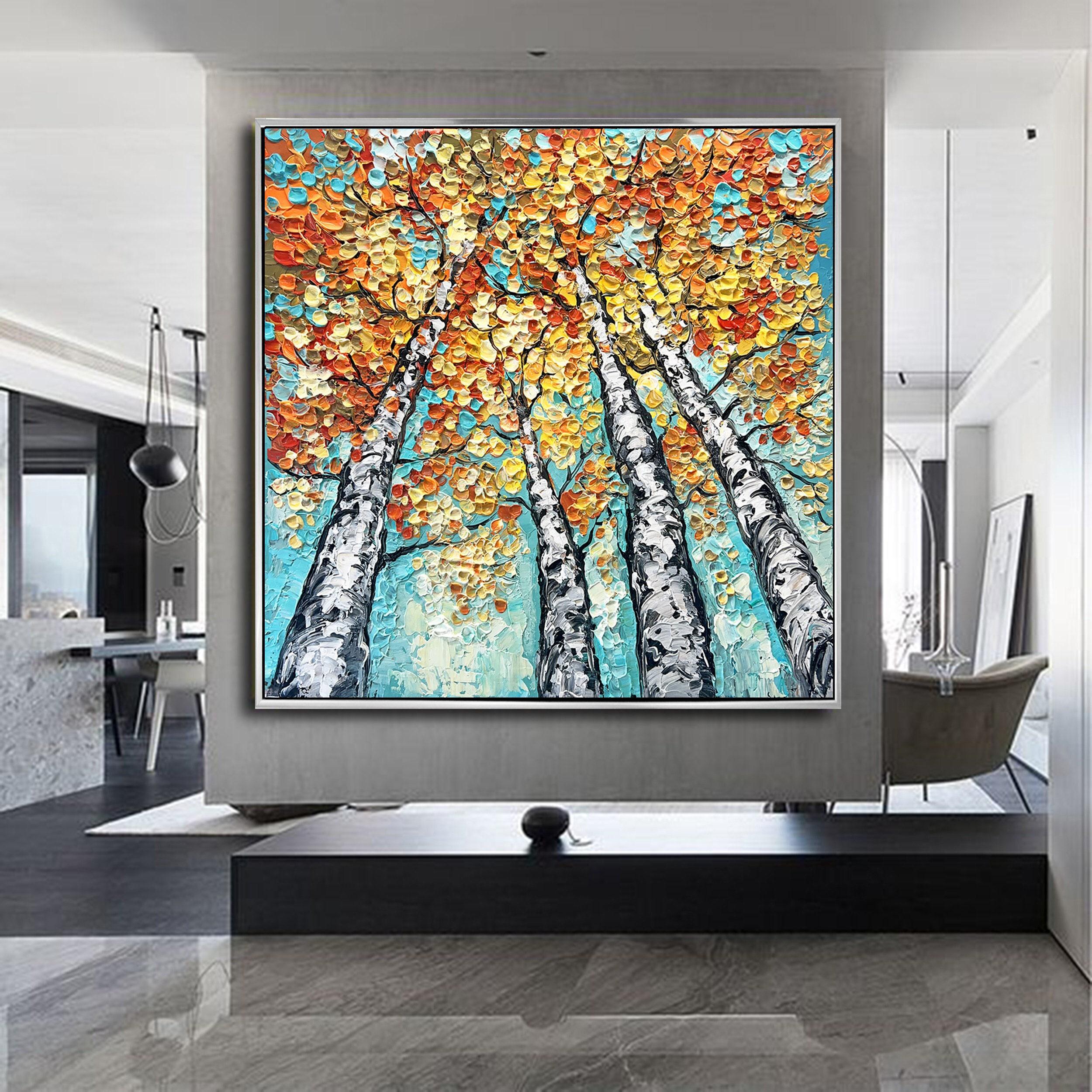Yellow Birches Forest Abstract Painting Teal Aspen Trees Landscape Canvas Wall Art Modern Nature Art for Living Room Office Home Decor Gift