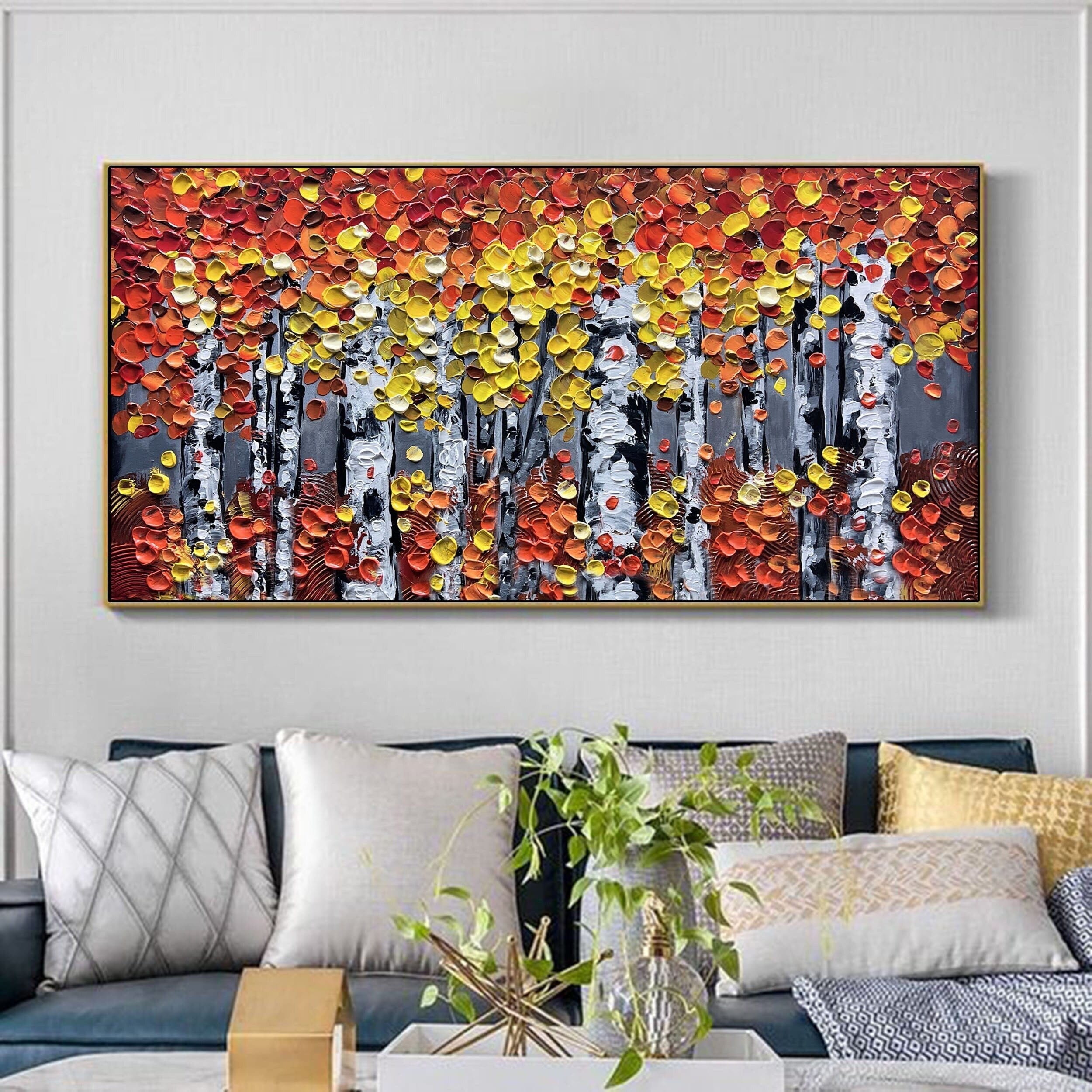 Thick Textured Birch Tree Painting on Canvas - Red Yellow Aspen Forest Wall Art - 3D Abstract Birch Tree Artwork - Original Large Wall Decor