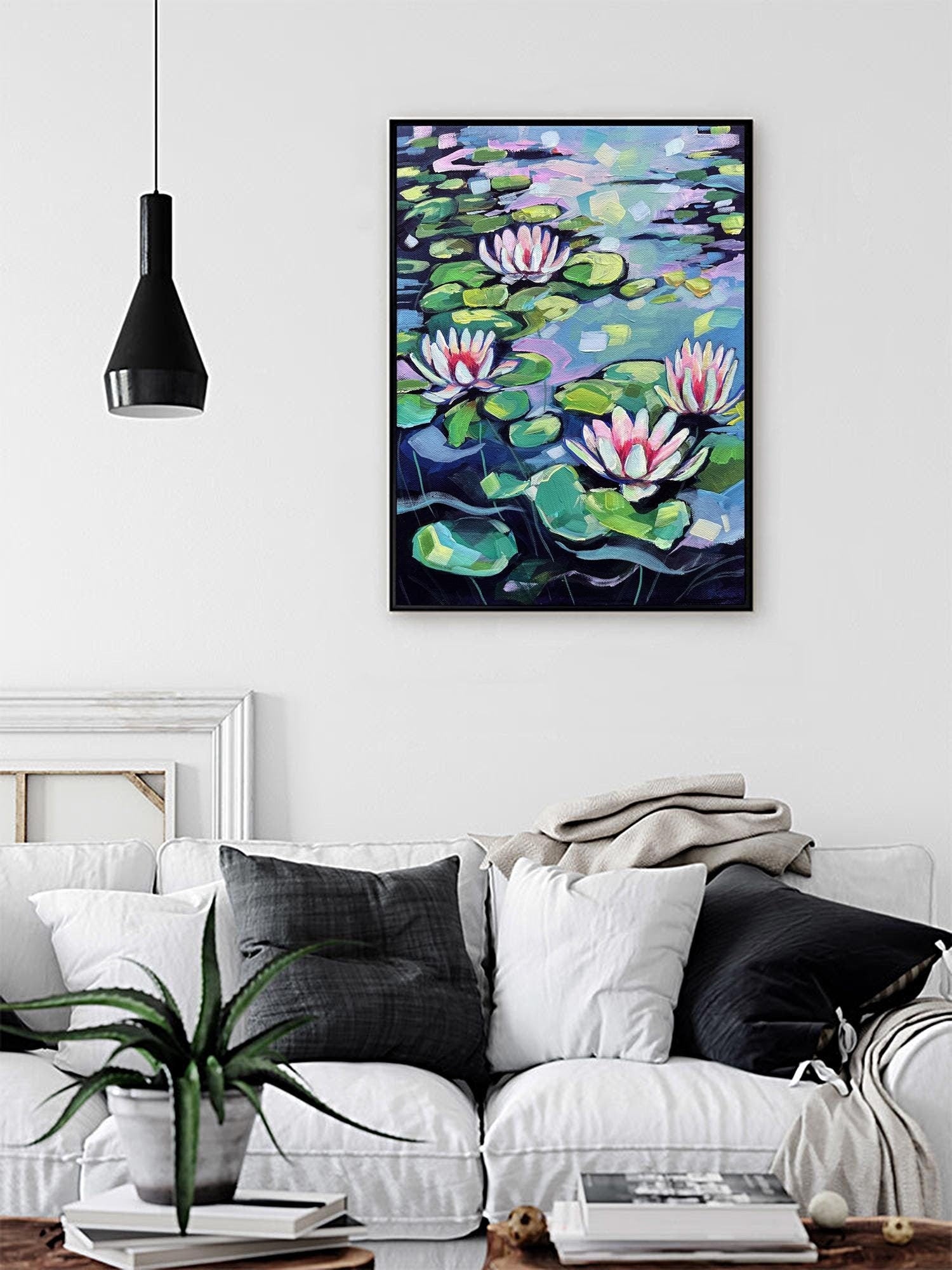 Ethereal Waterlilies - Vibrant Acrylic Waterlily Pond Painting Impressionist Unique Canvas Art Nature-Inspired Wall Decor for Home or Office