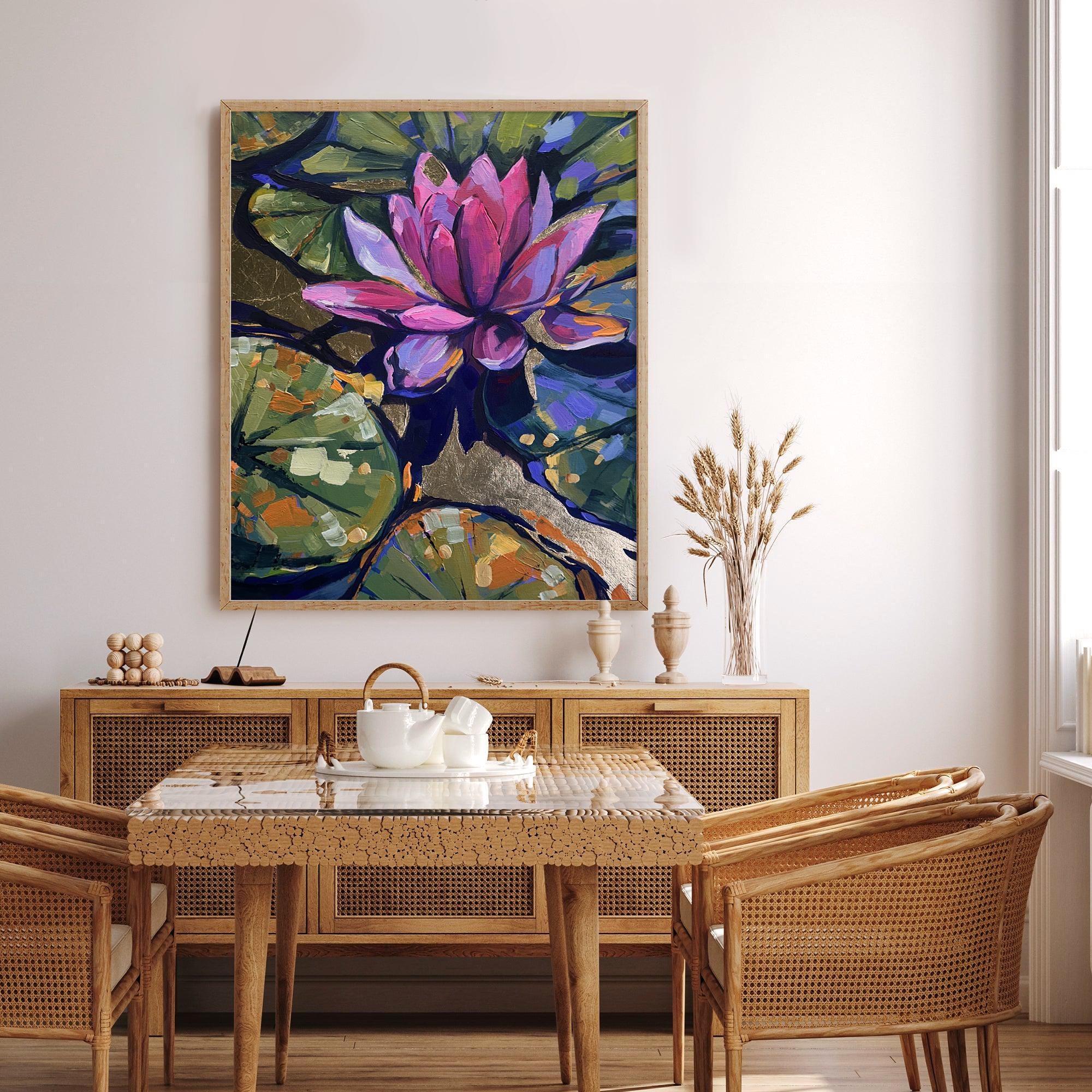 Golden Serenity - Original Acrylic Waterlily Pond Painting Gold Leaf Sunset Pond Art Vibrant Nature Wall Decor for Home Office and Gift Idea