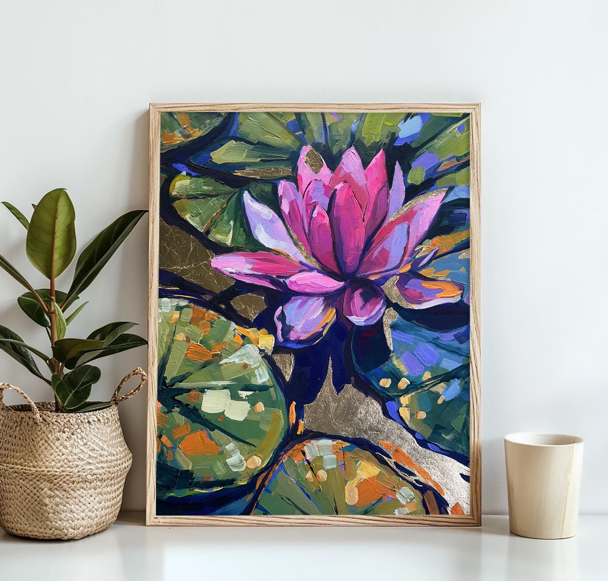 Golden Serenity - Original Acrylic Waterlily Painting Gold Leaf Sunset Pond Art Vibrant Nature Wall Decor for Home Office and Gift Idea