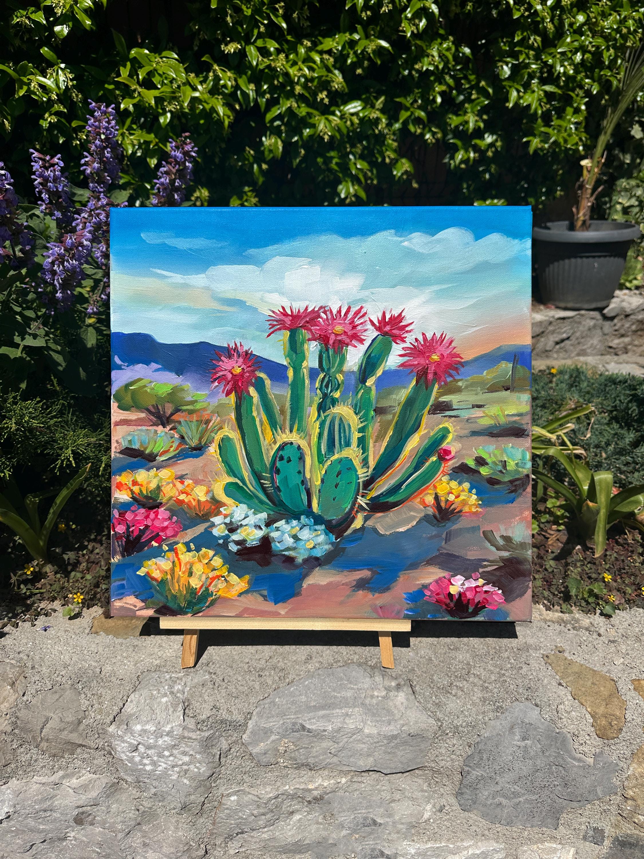 Wild Sunlit Desert - Original 16 x 16 in Acrylic Cactus Painting Southwestern Floral Landscape Wall Decor Wild Nature Canvas Boho Home Style