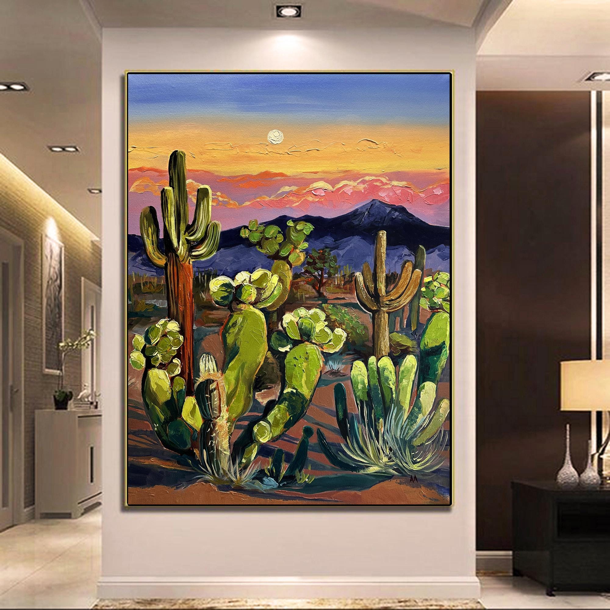 Sonoran Moonrise – Original Desert Landscape Painting with Cactus Moonlight Sky Desert Wall Decor Vibrant Nature Canvas Boho Home Style