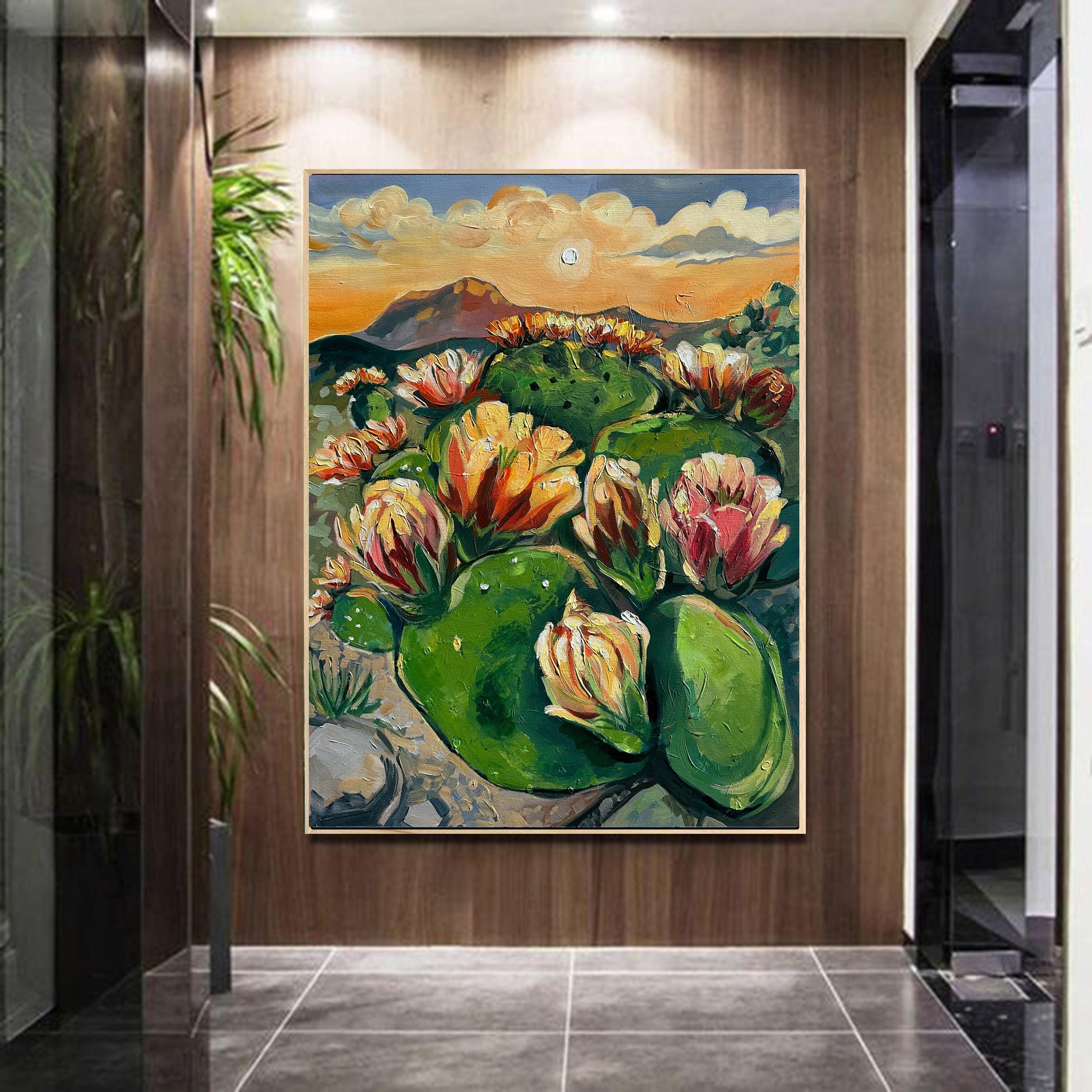 Golden Hour Blossoms – Original Cactus Painting with Cactus Sunset Sky Desert Wall Decor Vibrant Nature Canvas Boho Home Style