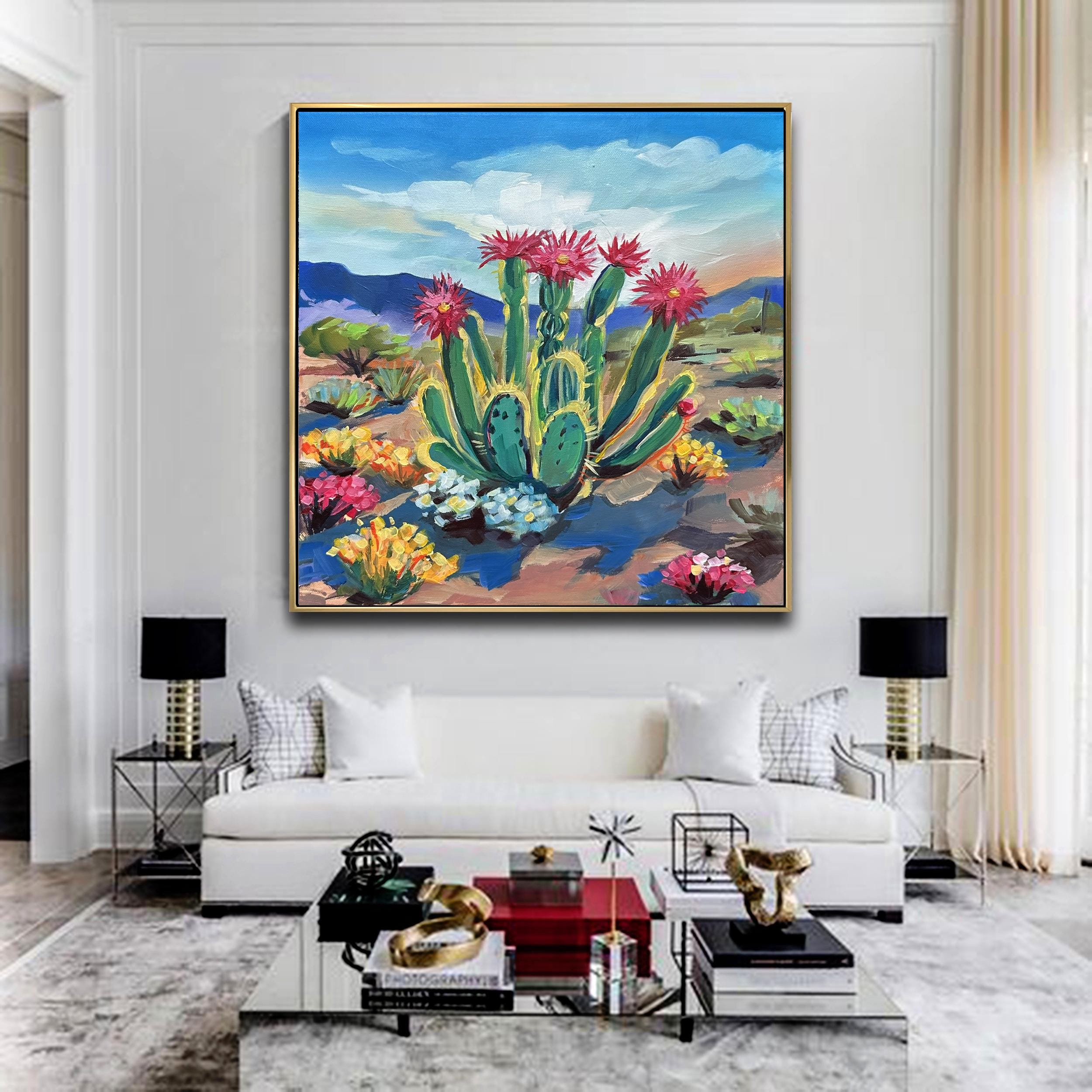 Wild Sunlit Desert - Colorful Cactus Painting Southwestern Floral Landscape Art Flower Wall Decor Vibrant Nature Canvas Boho Home Style