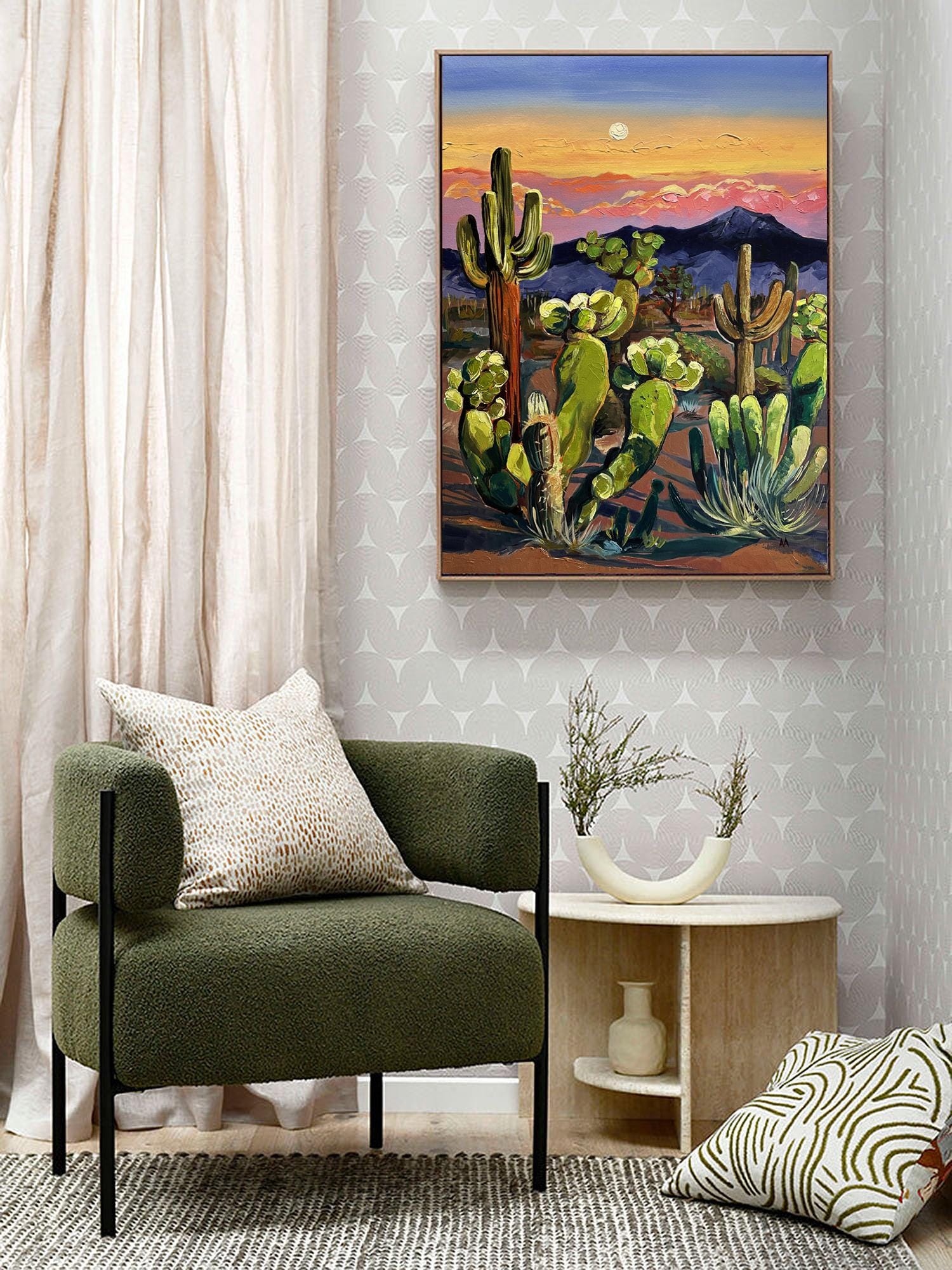 Sonoran Moonrise – Original Vibrant Desert Landscape Painting with Cactus Moonlight Sky Desert Wall Decor Vibrant Nature Canvas Boho Home