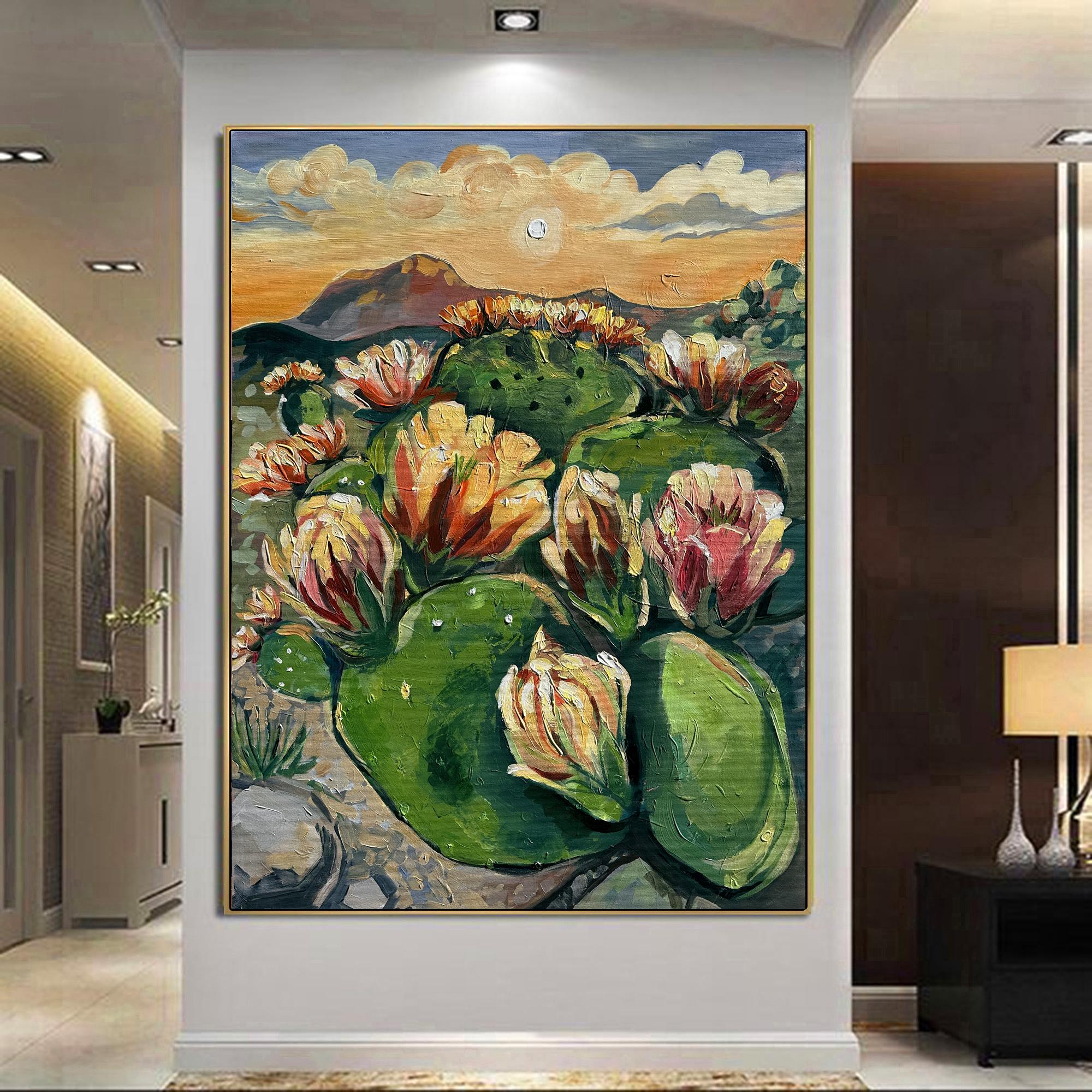 Golden Hour Blossoms – Textured Abstract Desert Landscape Sunset Canvas Wall Decor Boho Nature Inspired Home Decor Sky Desert Artwork Gift