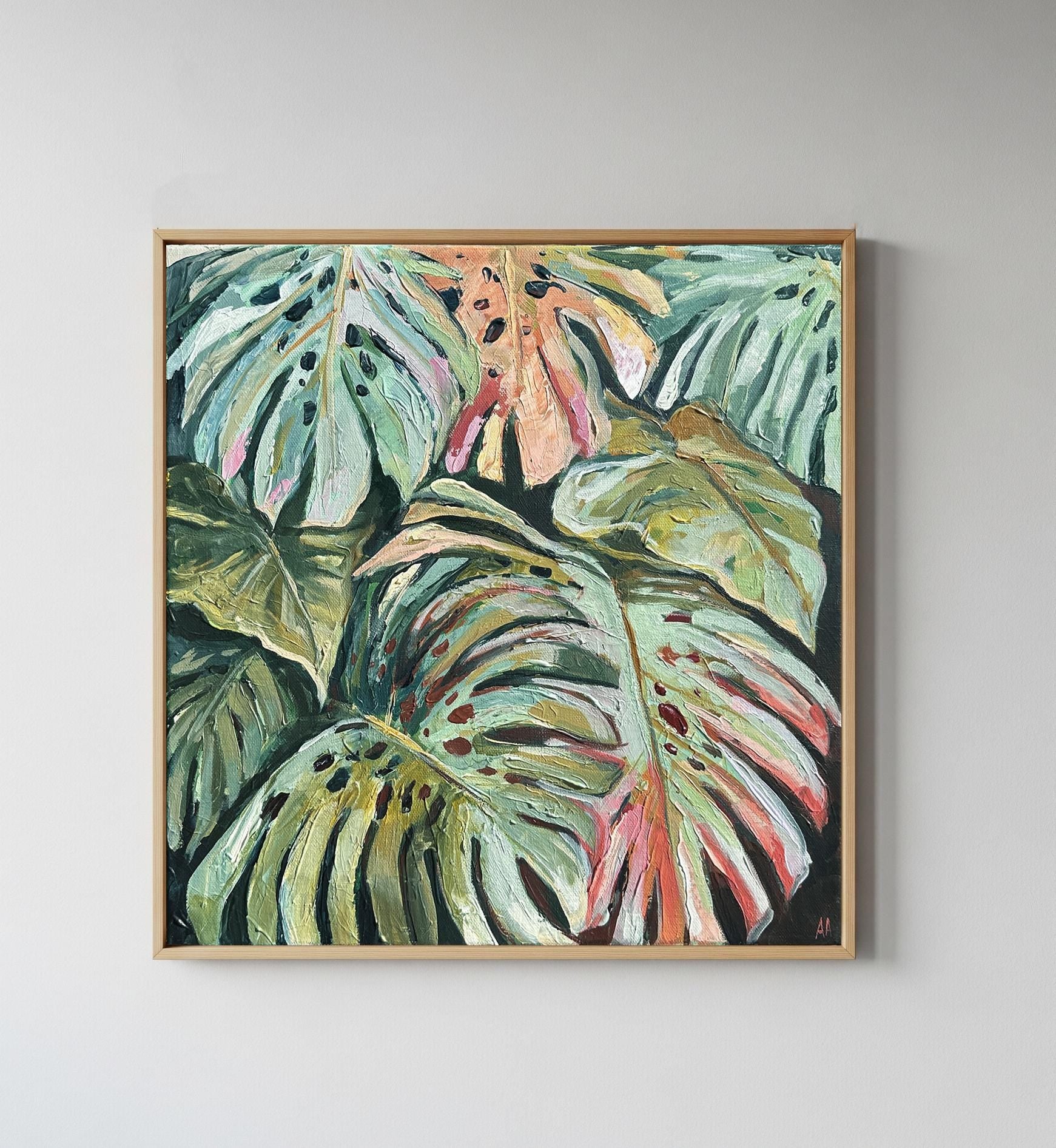Tropical Leaves - Original 16 x 16 in Acrylic Leaf Painting Tropical Botanical Jungle Wall Art Nature Canvas Monstera Plant Boho Home Decor