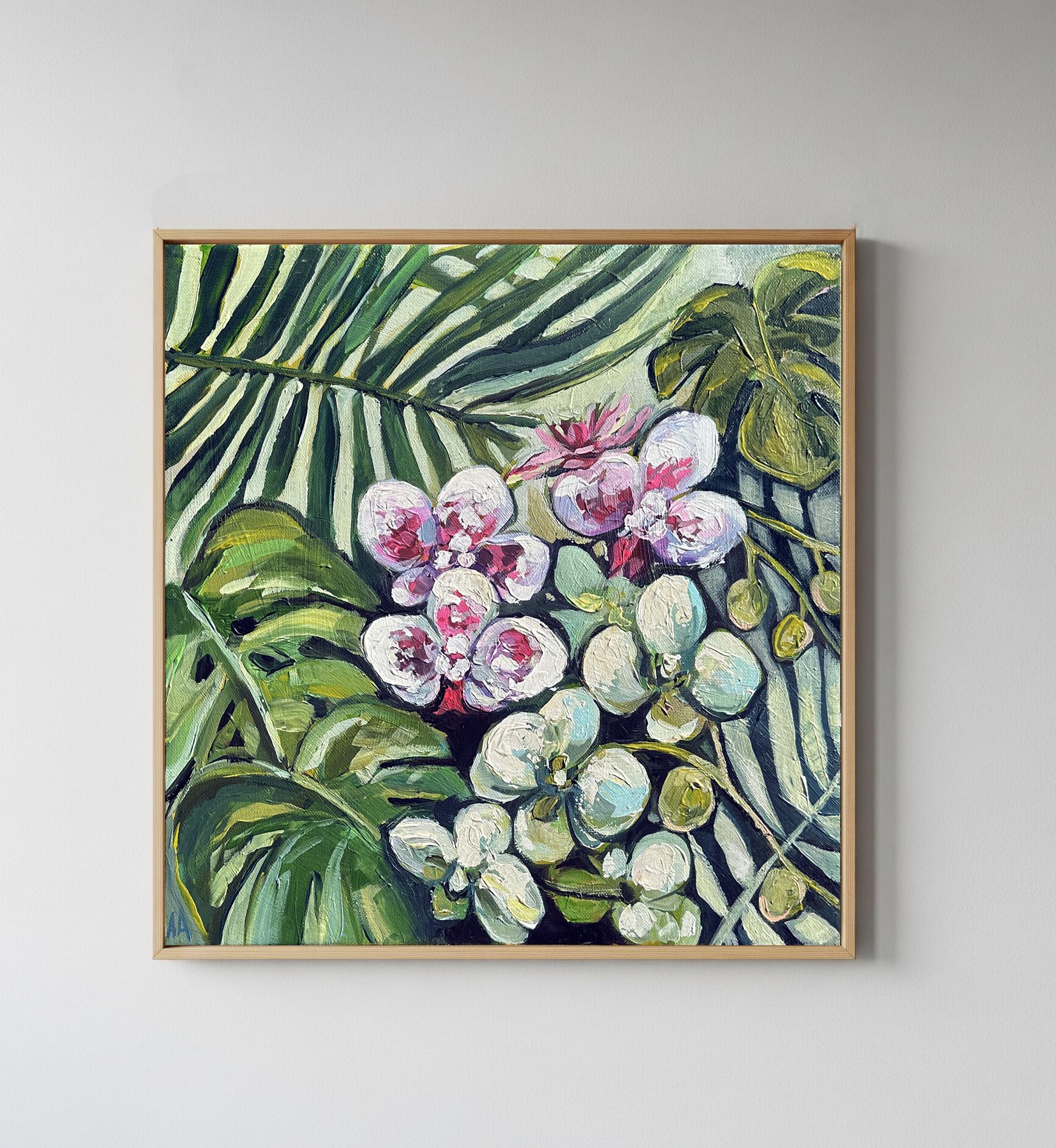 Jungle Orchids - Original 16 x 16 in Acrylic Painting Tropical Botanical Wall Art Boho Home Decor