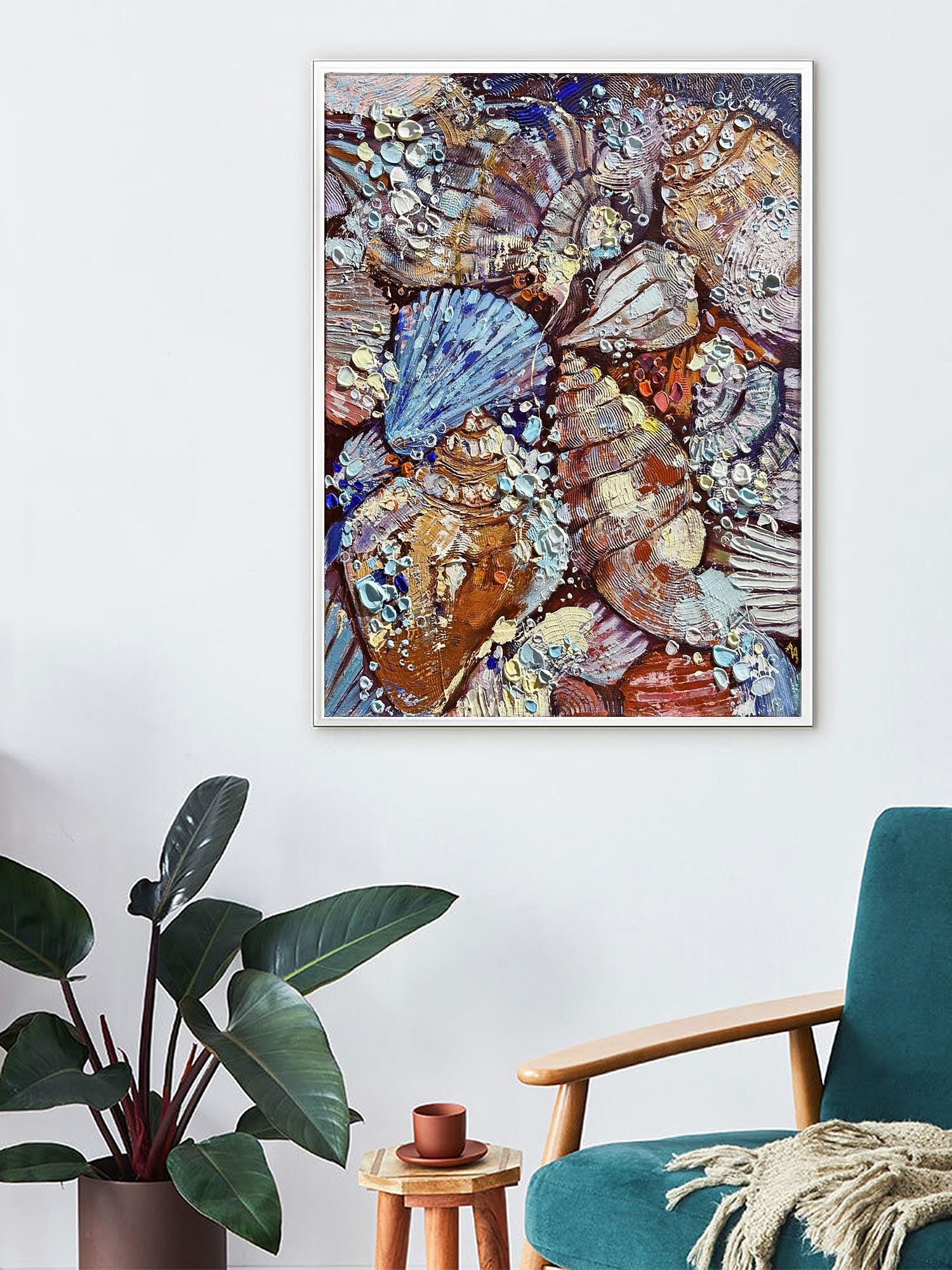 Bubble and Shells - Original Seashell Painting Coastal - Ocean Wall Art Underwater Beach Decor Textured Acrylic Seascape Nautical Home Gift