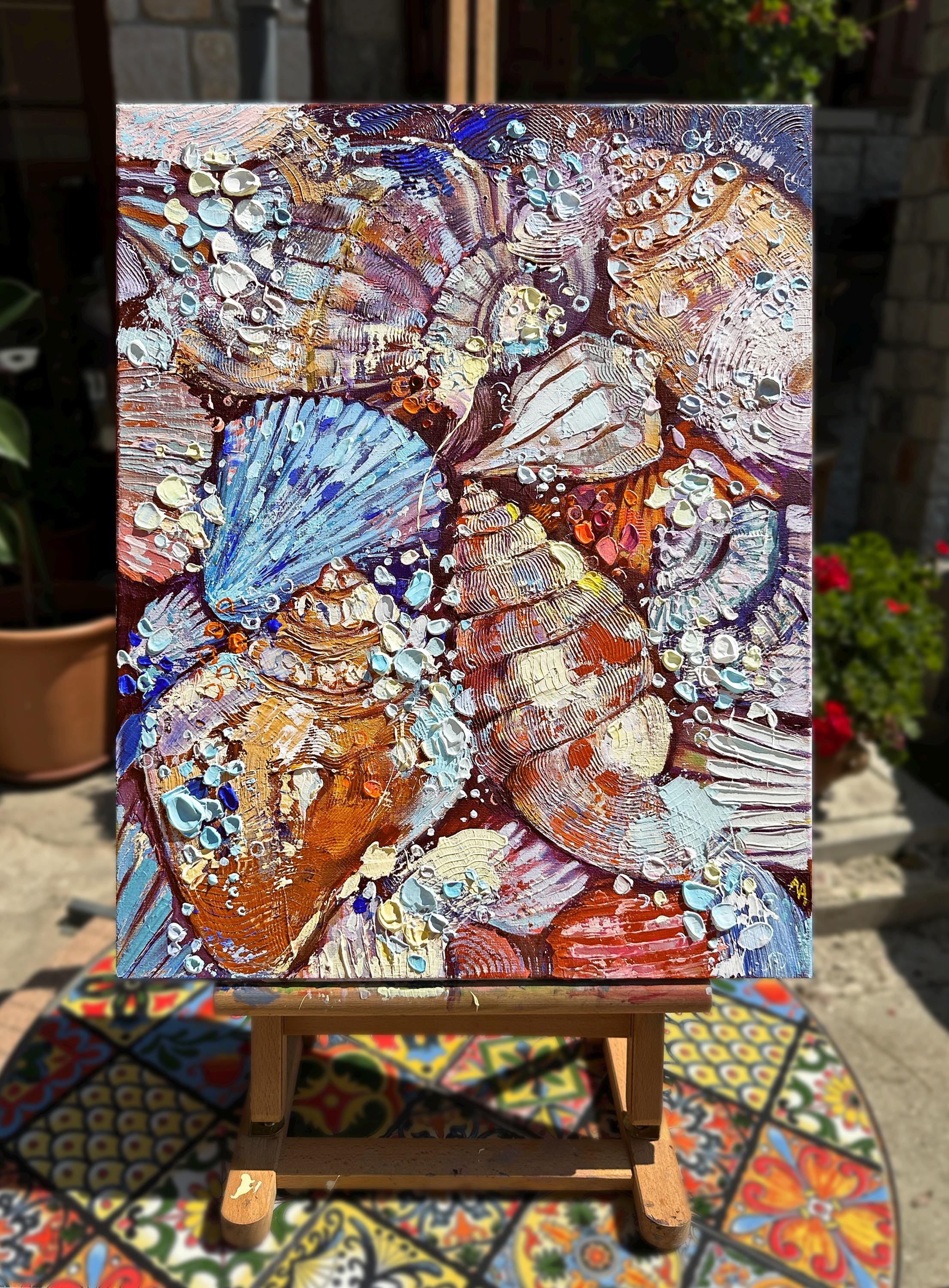 Bubble and Shells - Original 16 x 20 in Acrylic Seashell Painting 3D Ocean Wall Art Beach Decor Textured Acrylic Seascape Nautical Home Gift