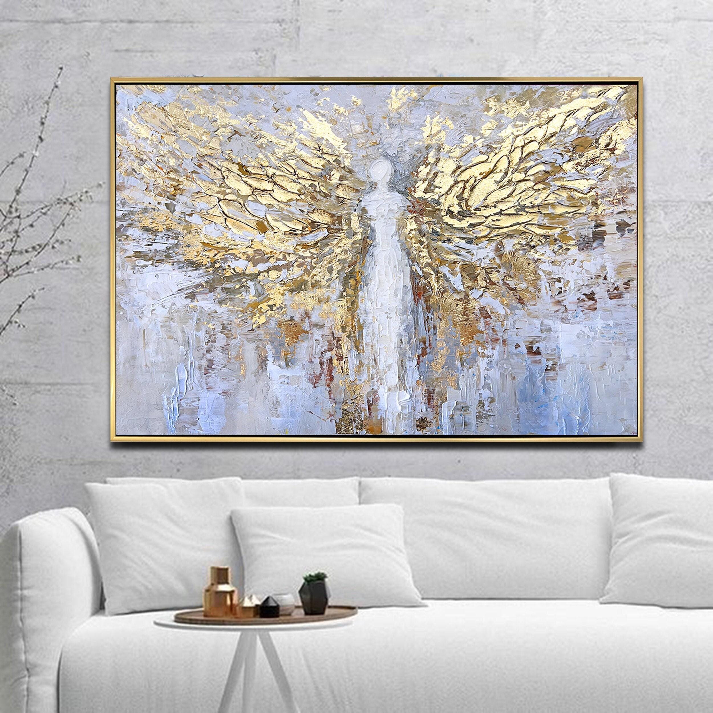 Gold Wings - Angel Painting White and Gold Textured Wall Art Abstract Canvas with Gold Leaf Minimal Modern Home Decor Gift for Loved Ones