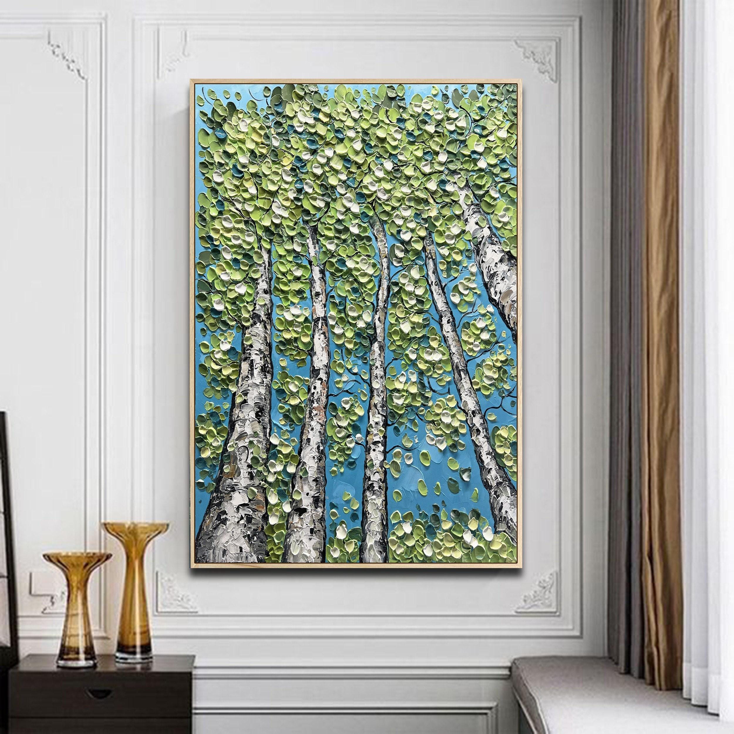 Green Aspen Tree - Textured Canvas Painting, Abstract Landscape Original Art Wall Home Decor