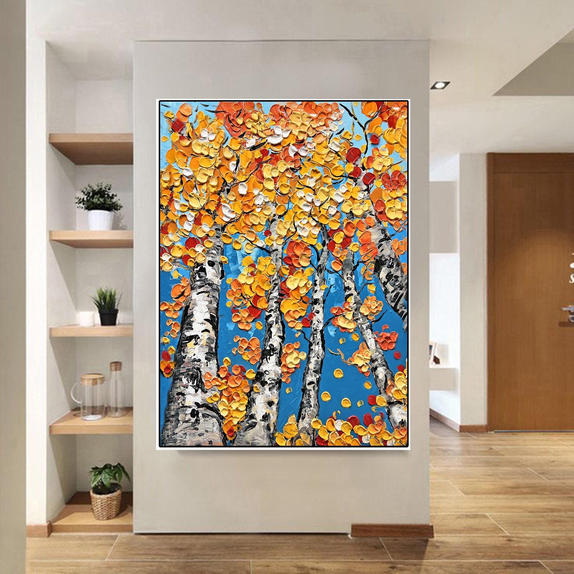 Gold Birches - Textured Tree Painting Yellow Blue Abstract Birch Forest Landscape 3D Canvas Wall Art for Living Room or Cabin Decor