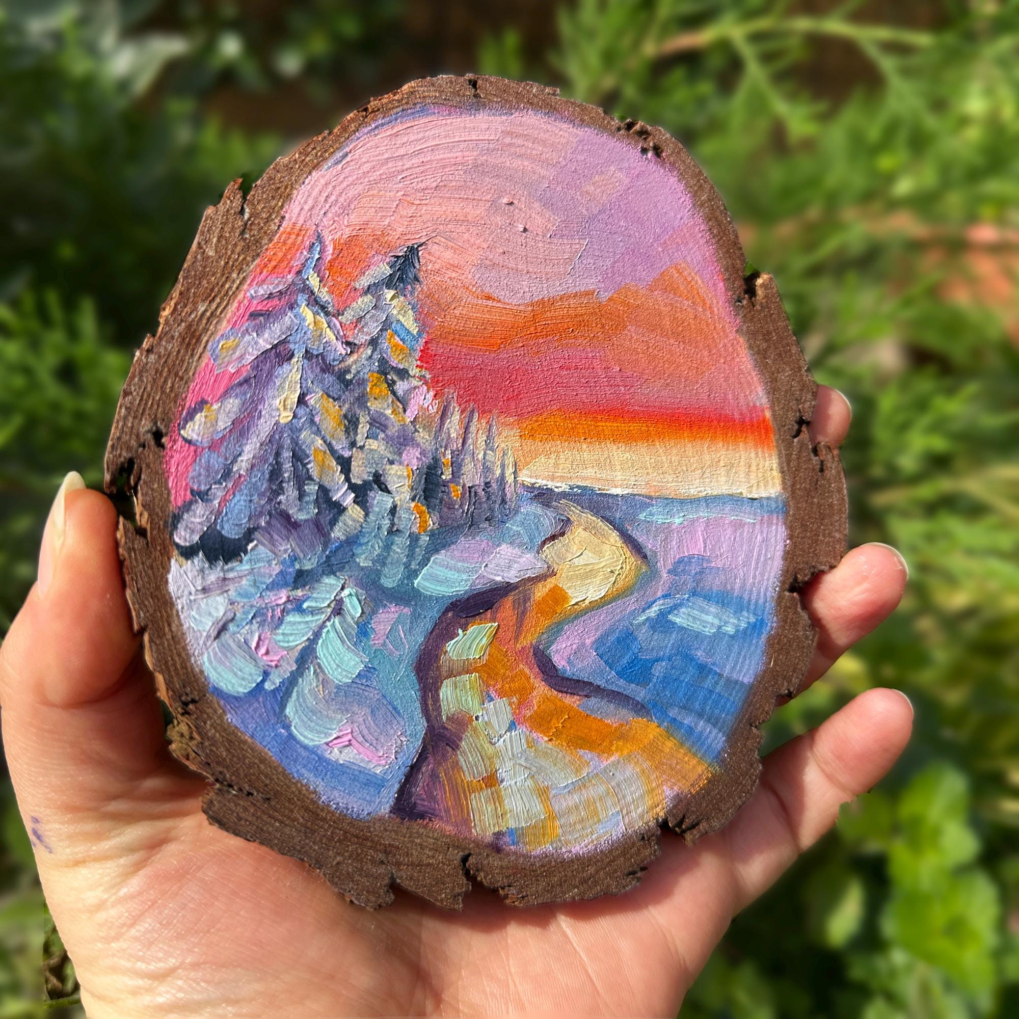 Crimson Dusk Reflection - Hand-Painted Original Winter Sunset on Natural Wood Unique Christmas Gift River Scene Art Nature Inspired Decor