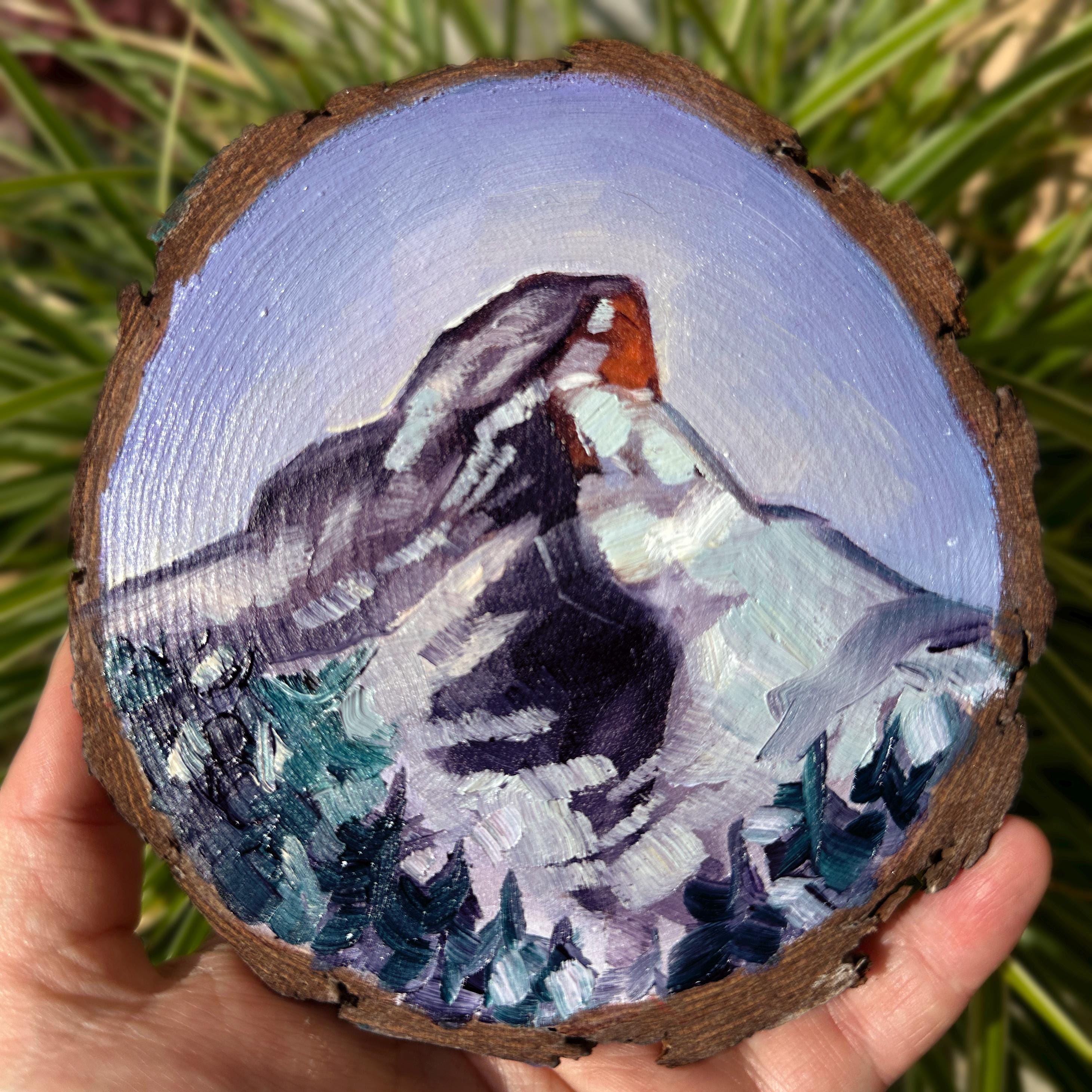 Twilight Mountain - Hand Painted Mount with Purple Sky on Wood Winter Unique Christmas Gift