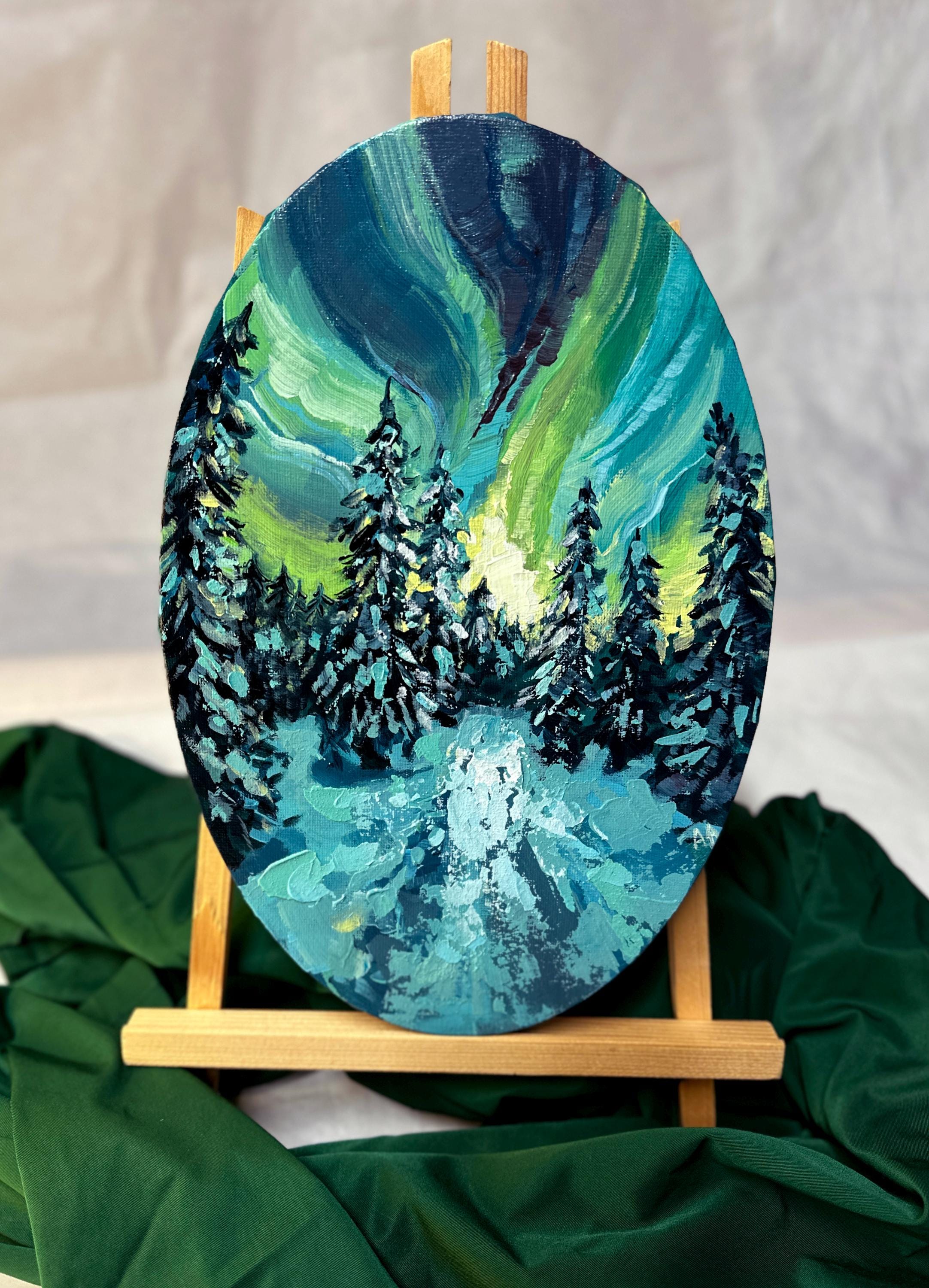 Northern Glow - Original Acrylic Painting on Oval Canvas, Snowy Forest Aurora Borealis Decor Winter Landscape Art