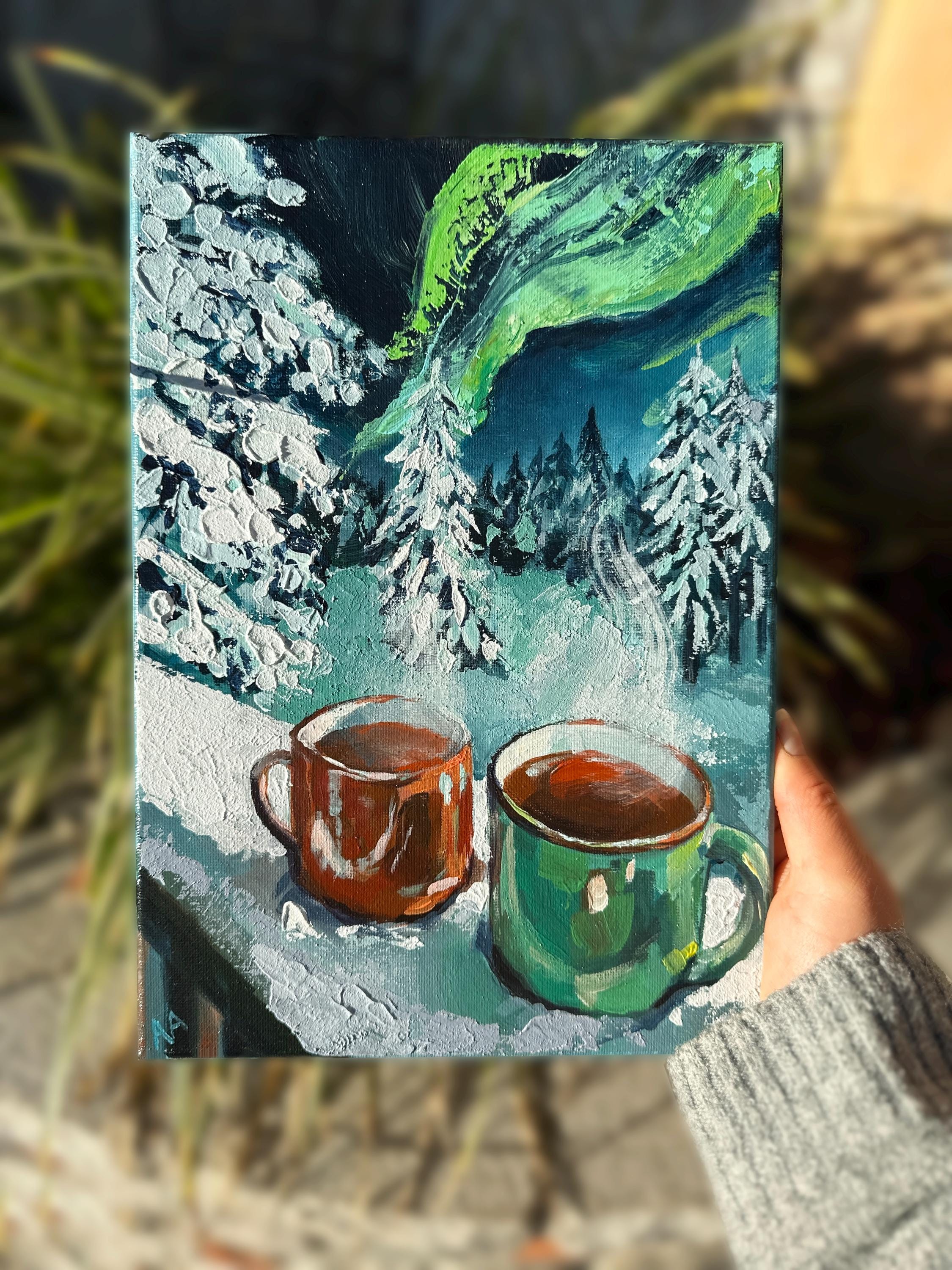 Under Green Skies - Aurora Borealis Winter Art Cozy Mug Snowy Forest Original Acrylic on Canvas Christmas Gift Idea