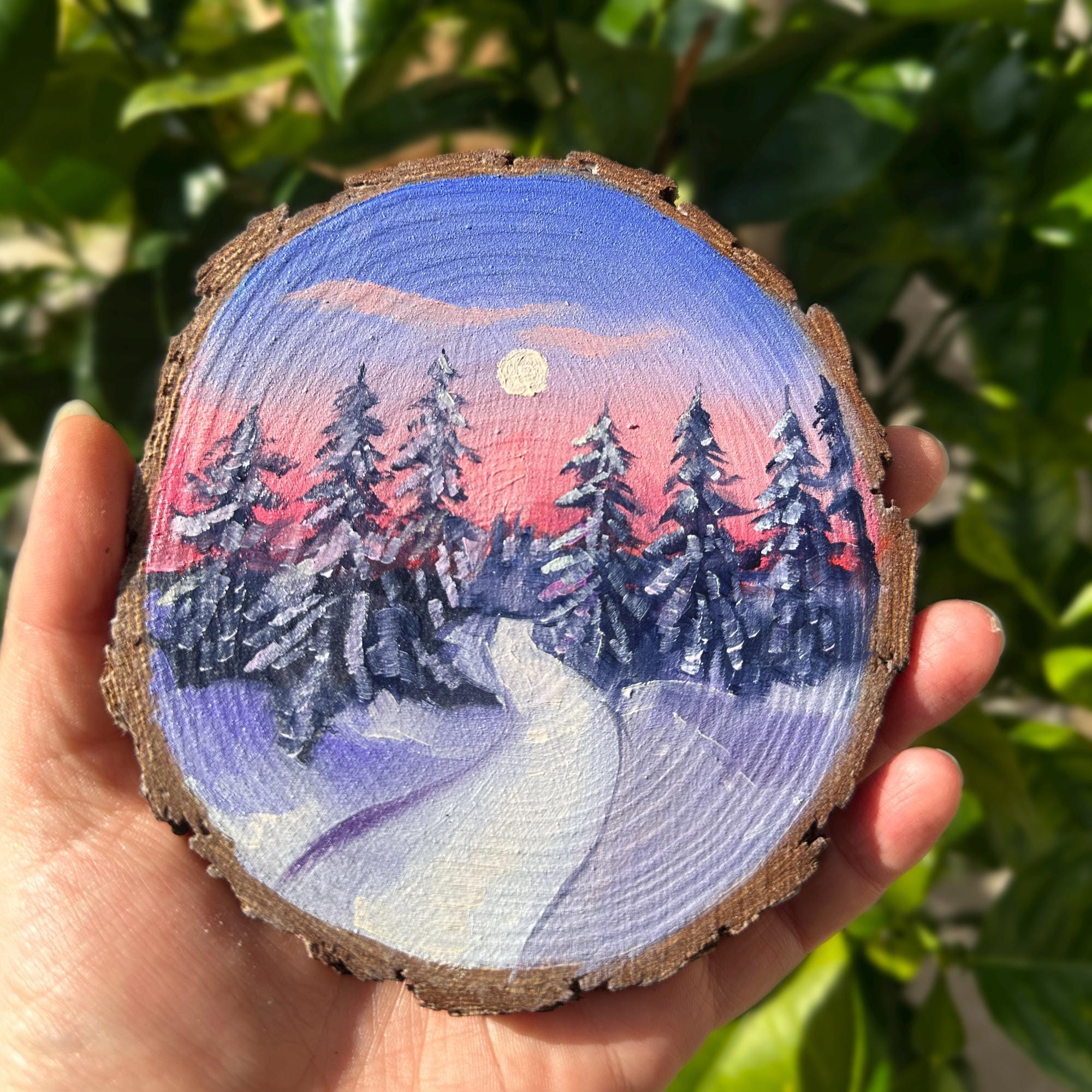 Winter Pathway - Hand Painted Home Decor Snow Landscape on Wood Blue Sky Pink Horizon Pale Moon Pine Forest Art Unique Christmas Gift